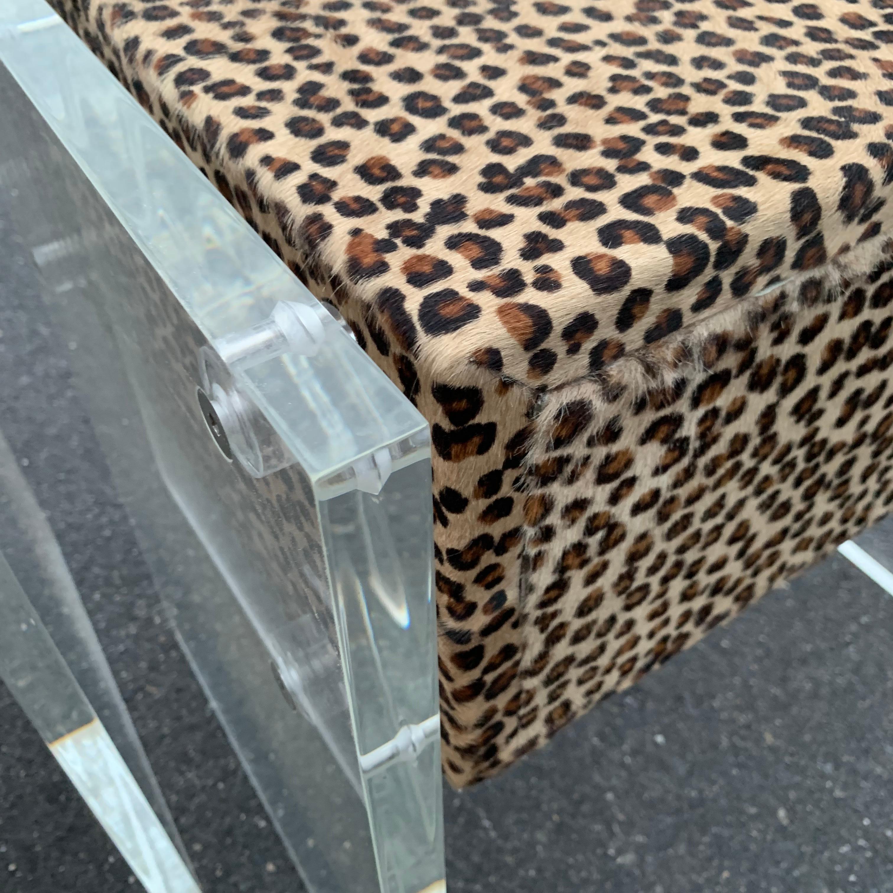 Pair of Faux Cheetah Skin Upholstered Nightstands with Lucite Side Panels 12