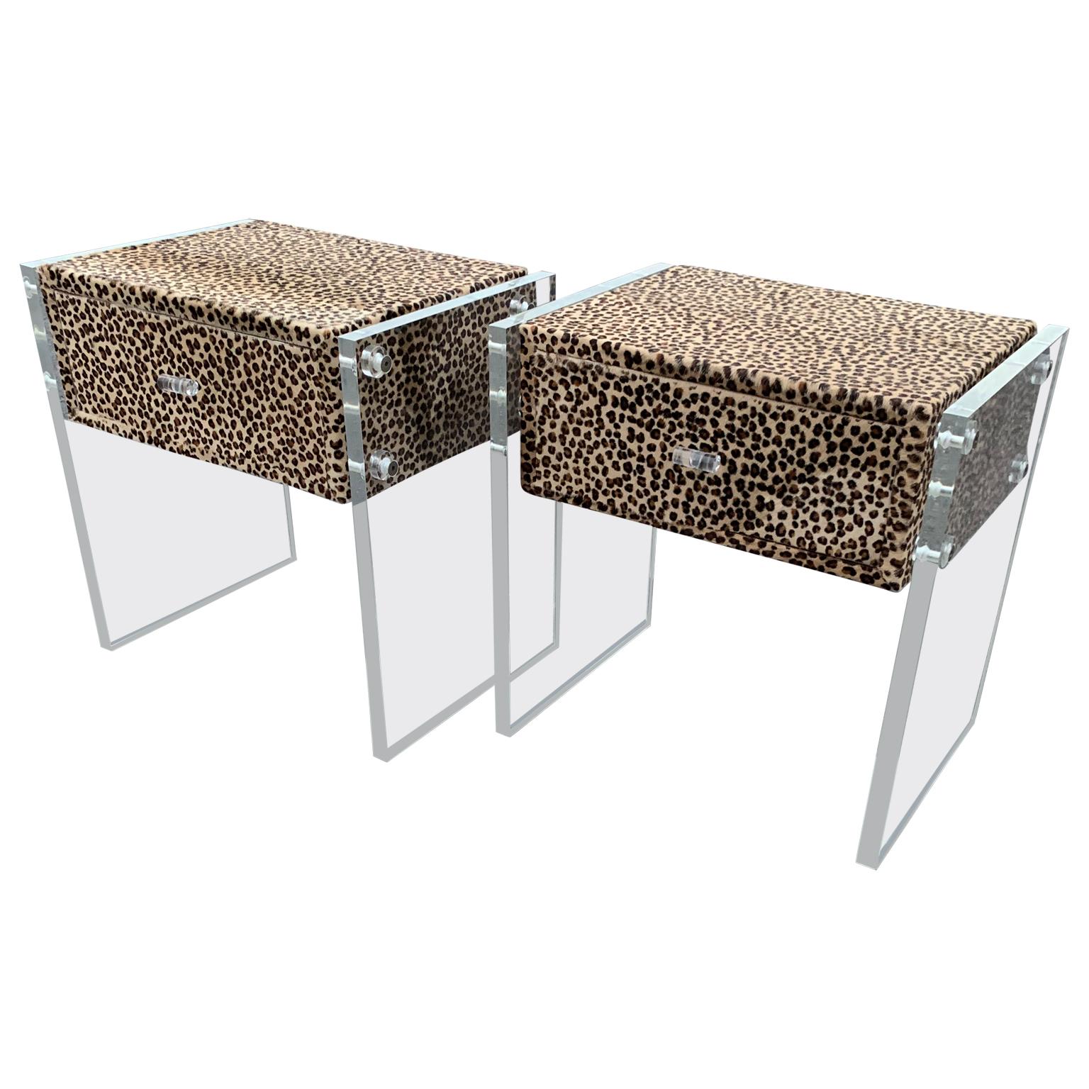 Mid-Century Modern Pair of Faux Cheetah Skin Upholstered Nightstands with Lucite Side Panels