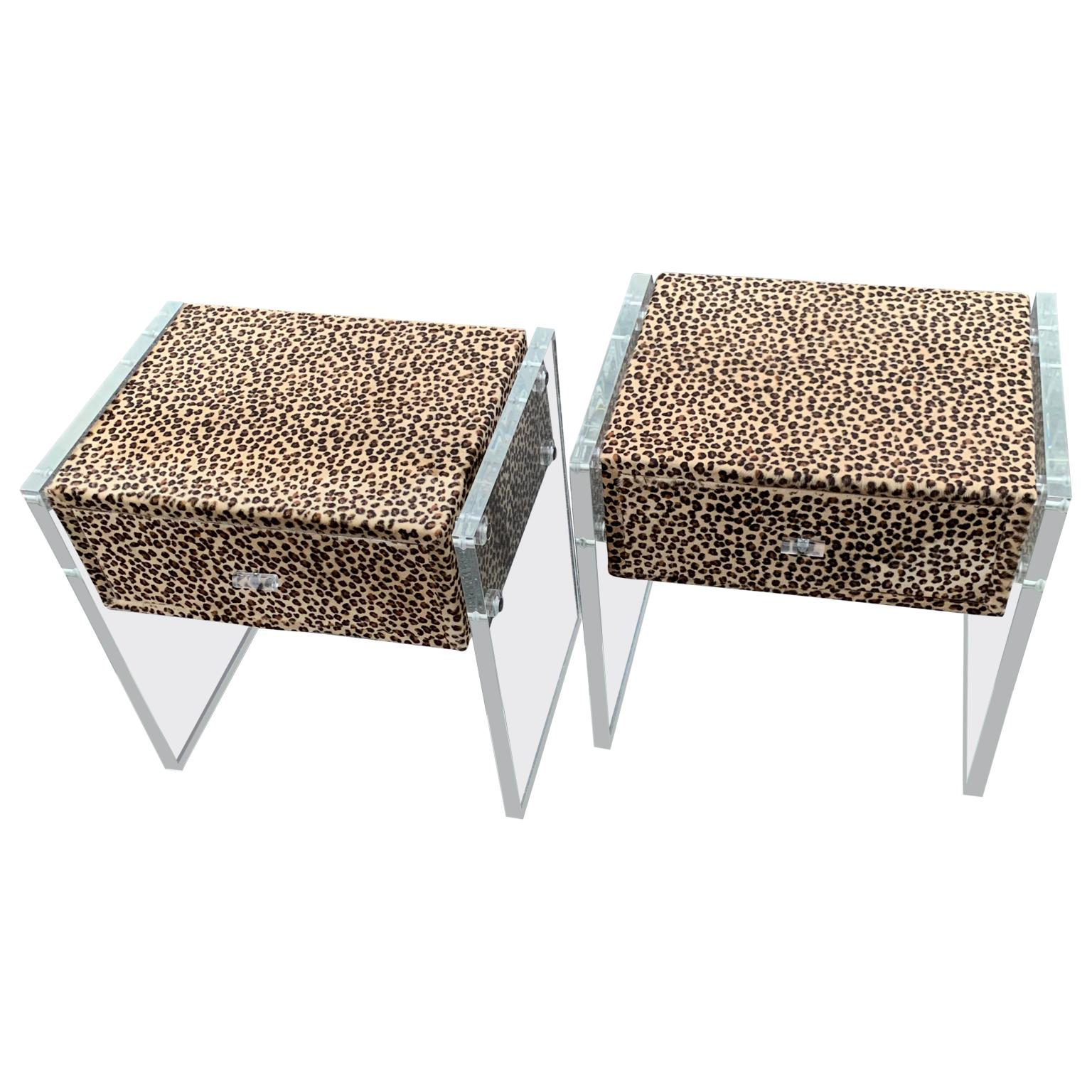 American Pair of Faux Cheetah Skin Upholstered Nightstands with Lucite Side Panels