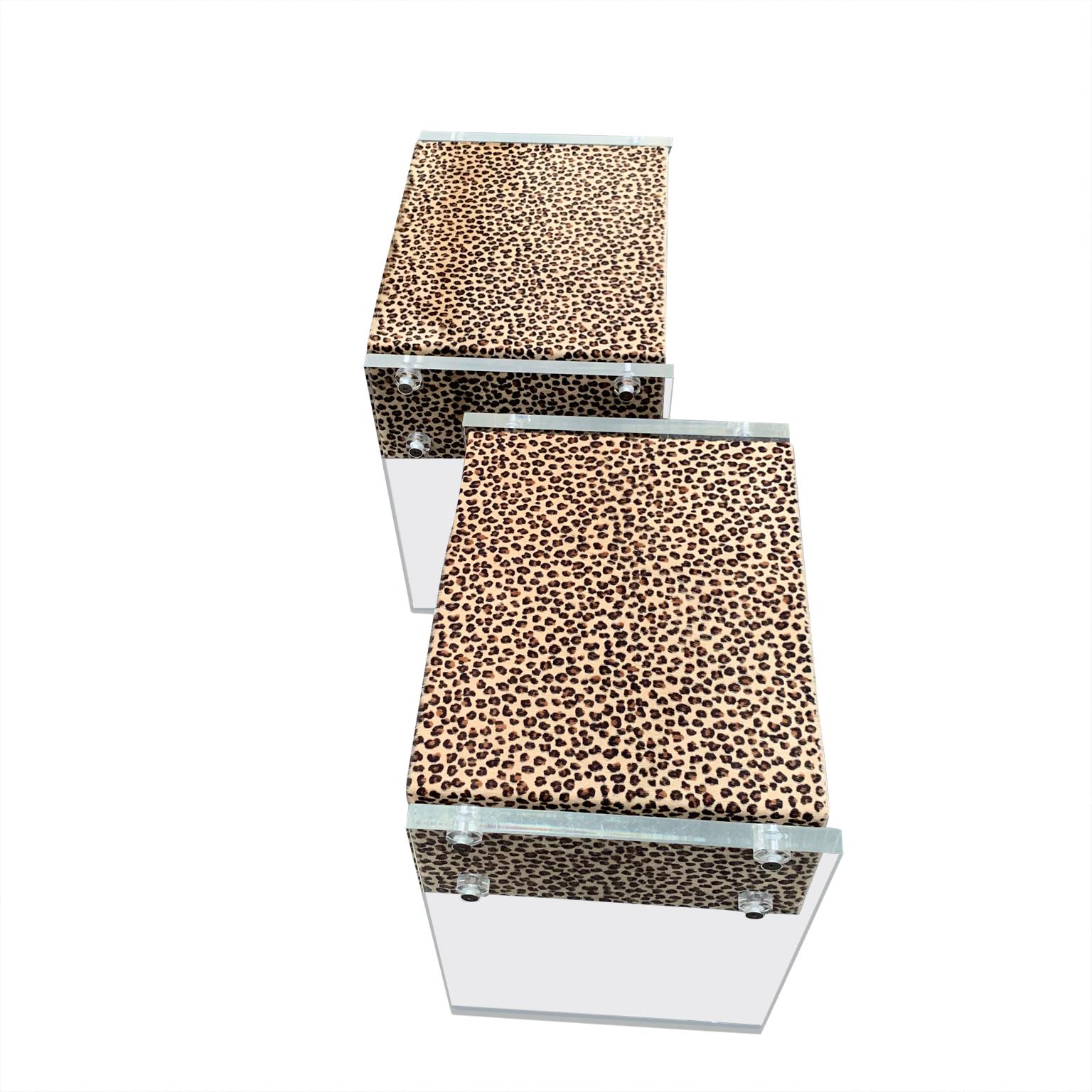 Hand-Crafted Pair of Faux Cheetah Skin Upholstered Nightstands with Lucite Side Panels