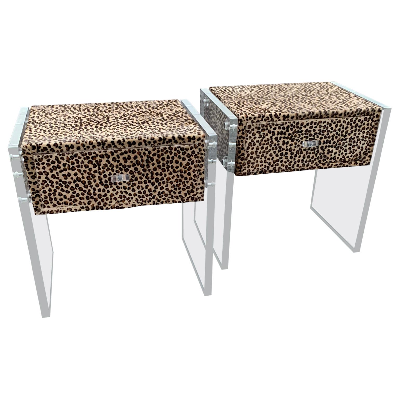 Pair of Faux Cheetah Skin Upholstered Nightstands with Lucite Side Panels