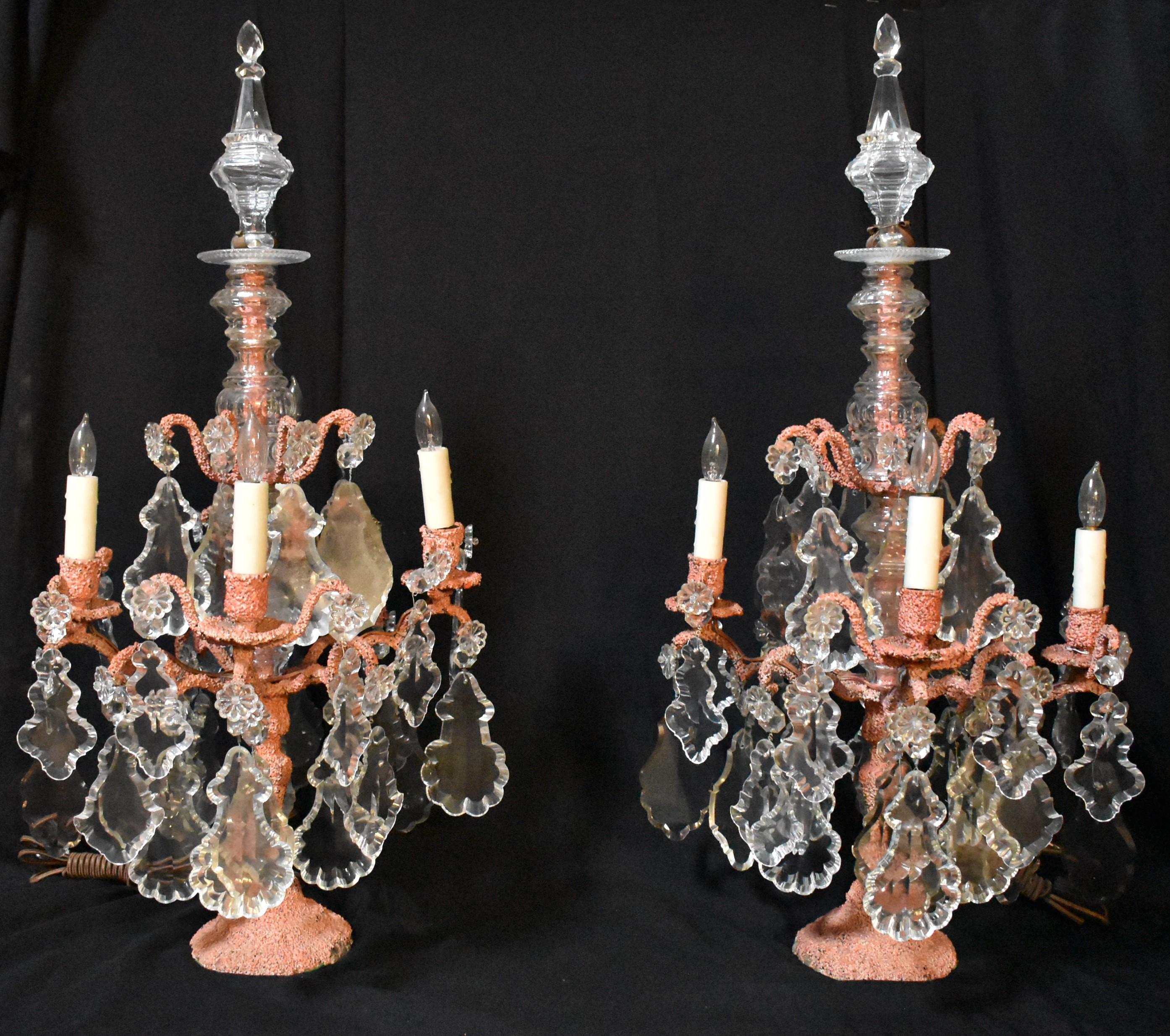 Hand-Crafted Pair of Faux Coral Bronze 4 Light Girandoles Candelabra, 19 Century For Sale