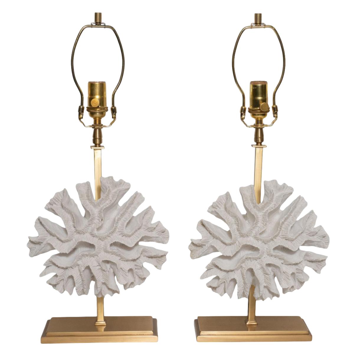 Pair of faux coral plaster table lamps with acrylic mounting and brass pedestal style hardware by Marcelo Bessa for Spark Interior.