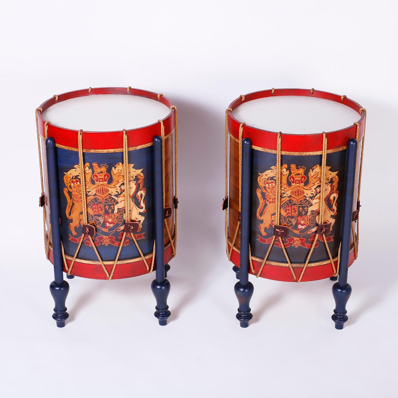 Pair of realistic faux drum stands crafted in wood and rope raised on drum stick legs and turned feet. Painted with historical accuracy depicting the crest of James I 1603, uniting the English lion with the Irish harp and the French fleur-de-lis.