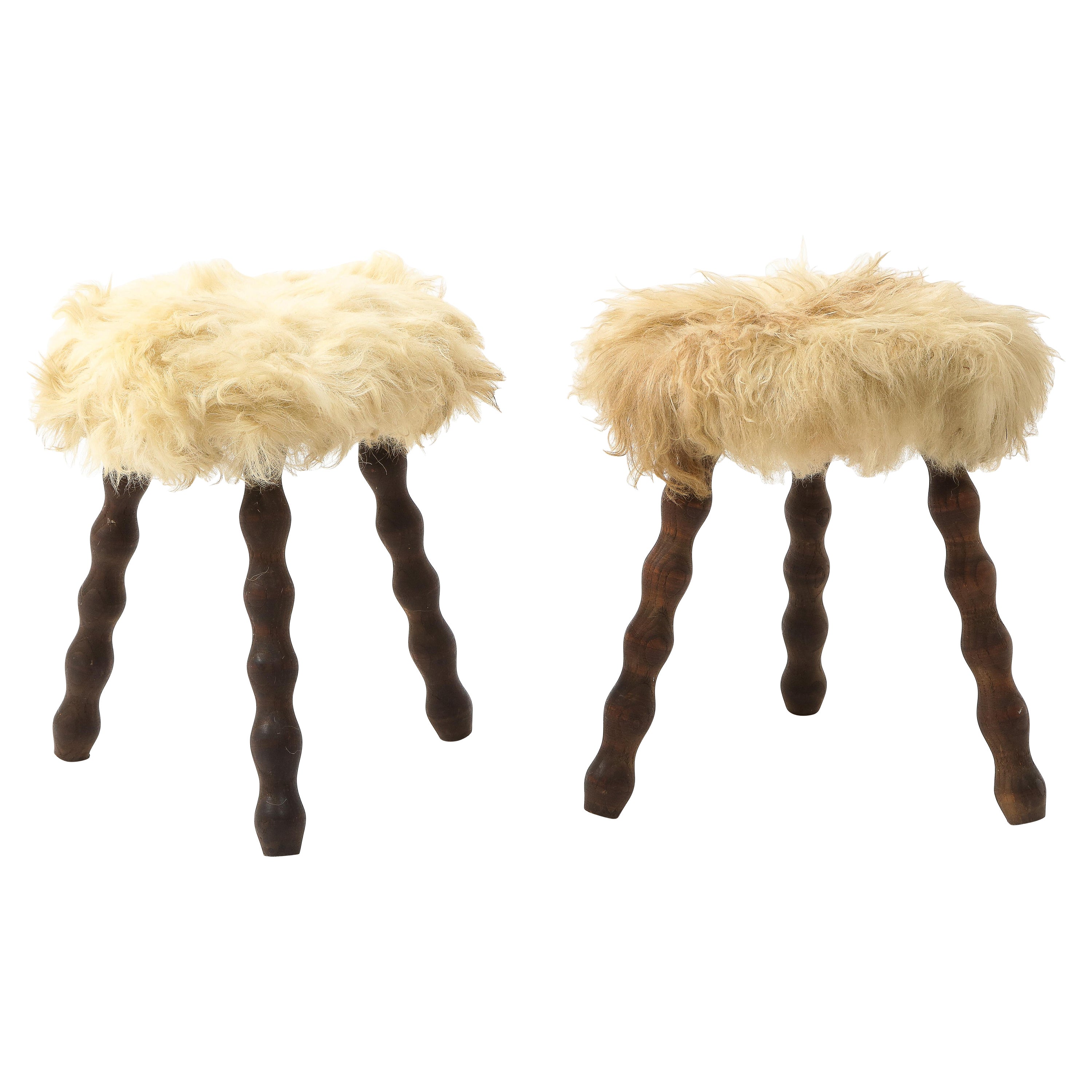Pair of Faux Fur Stools, France 1960s