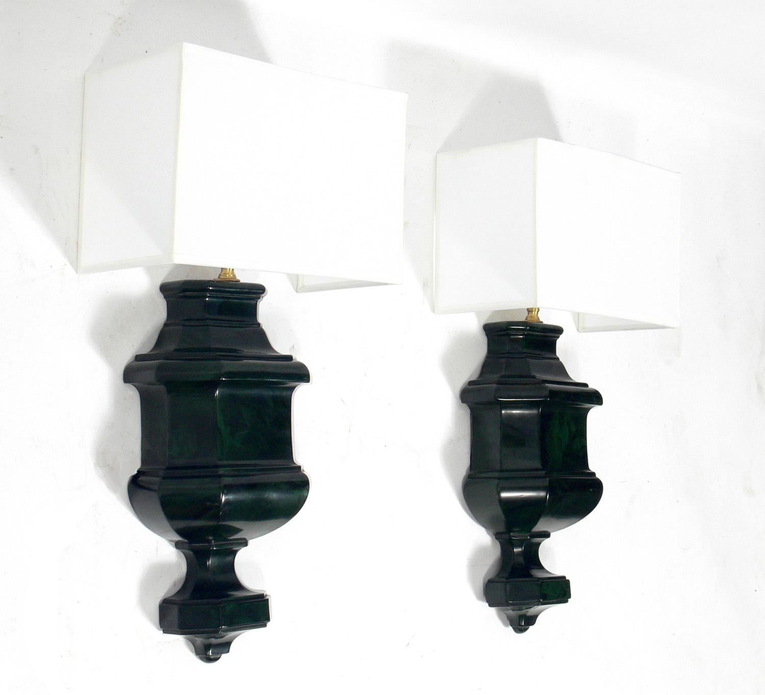Pair of faux green marble resin sconces, circa 1980s. They have been rewired and are ready to use. The price noted below includes the shades.