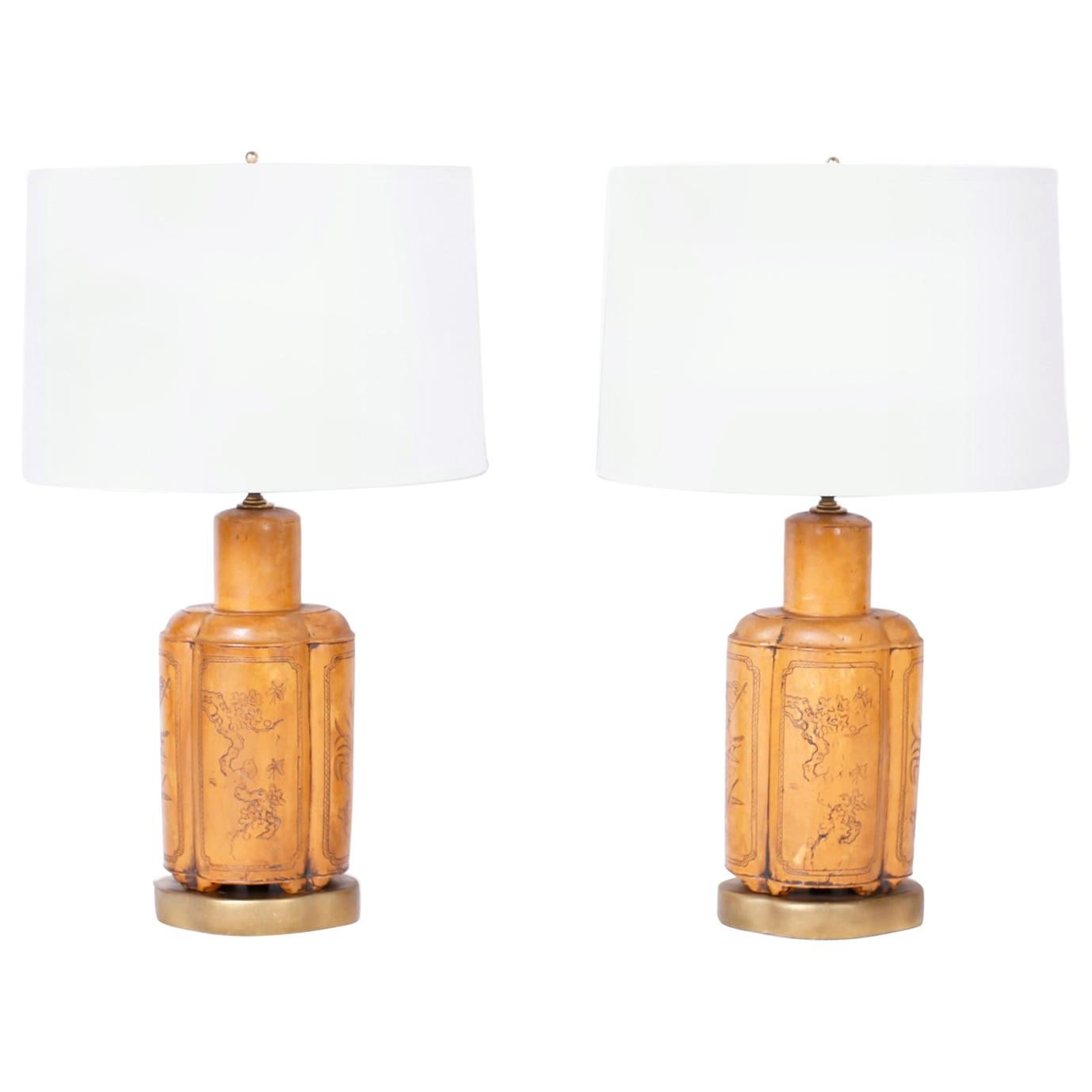 Pair of Faux Leather Asian Modern Table Lamps