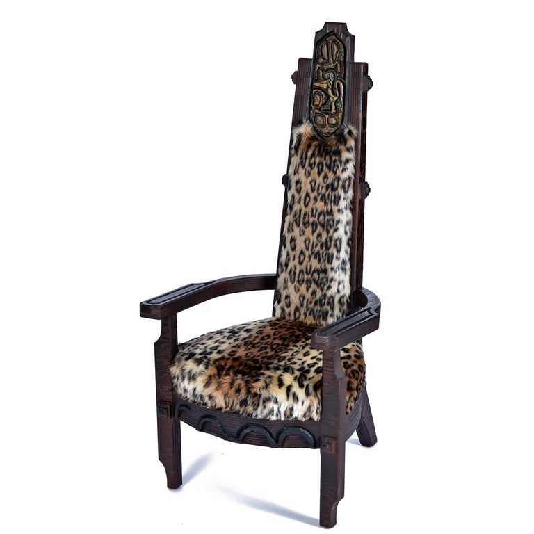 American Pair of Faux Leopard Fur Hand Carved High Back Witco Tiki Thrown King Chairs For Sale