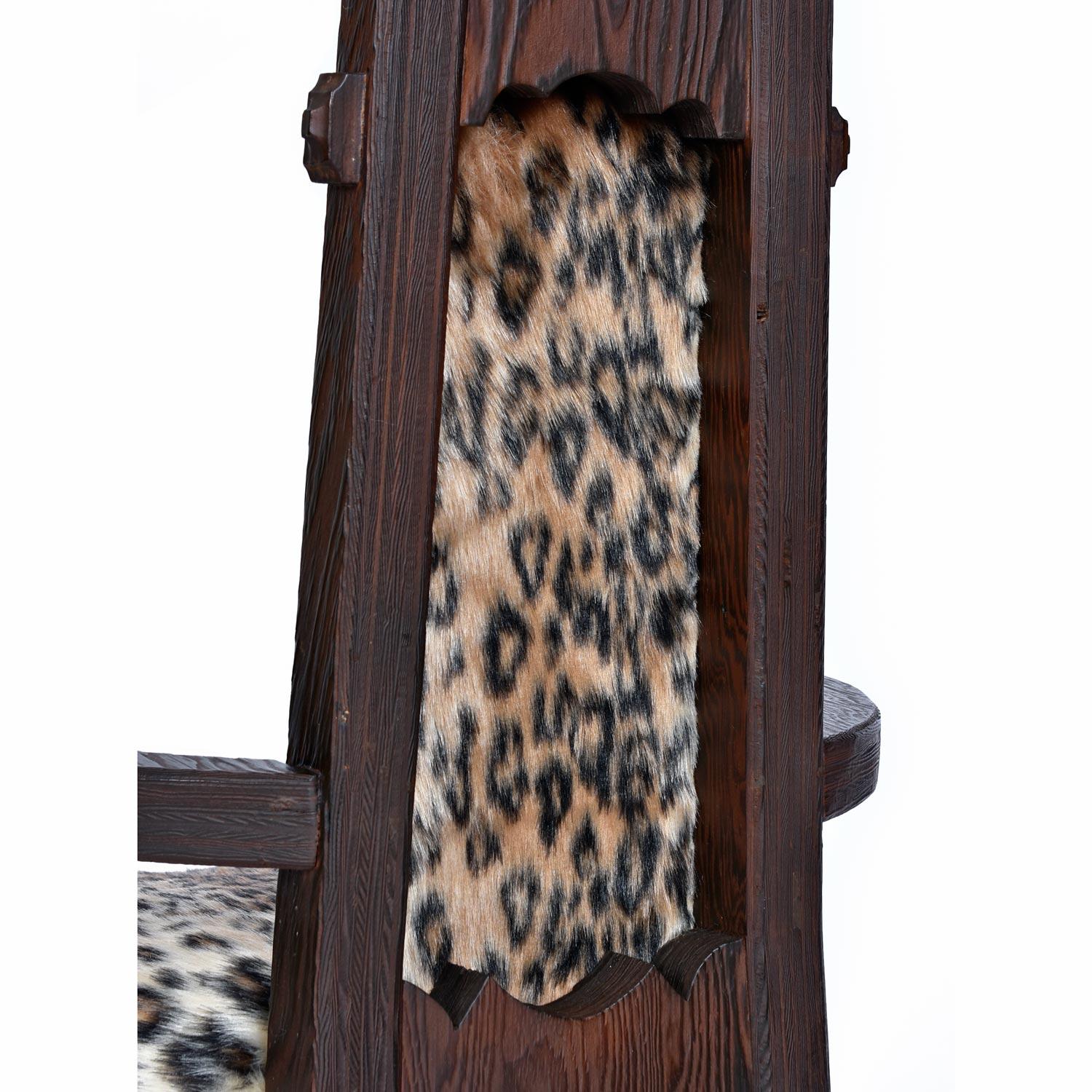 Mid-Century Modern Pair of Faux Leopard Fur Hand Carved High Back Witco Tiki Thrown King Chairs