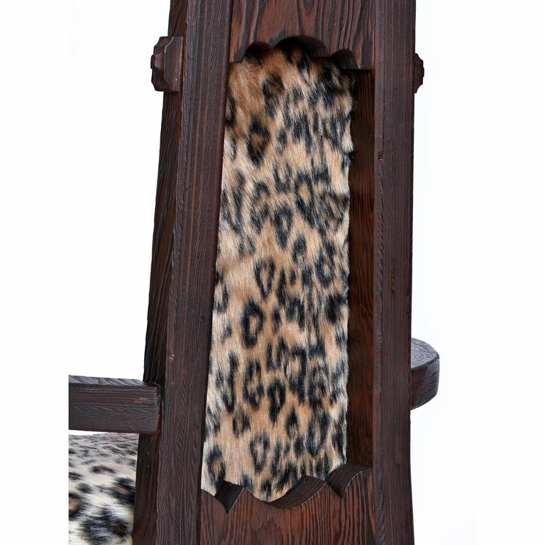 Mid-20th Century Pair of Faux Leopard Fur Hand Carved High Back Witco Tiki Thrown King Chairs For Sale