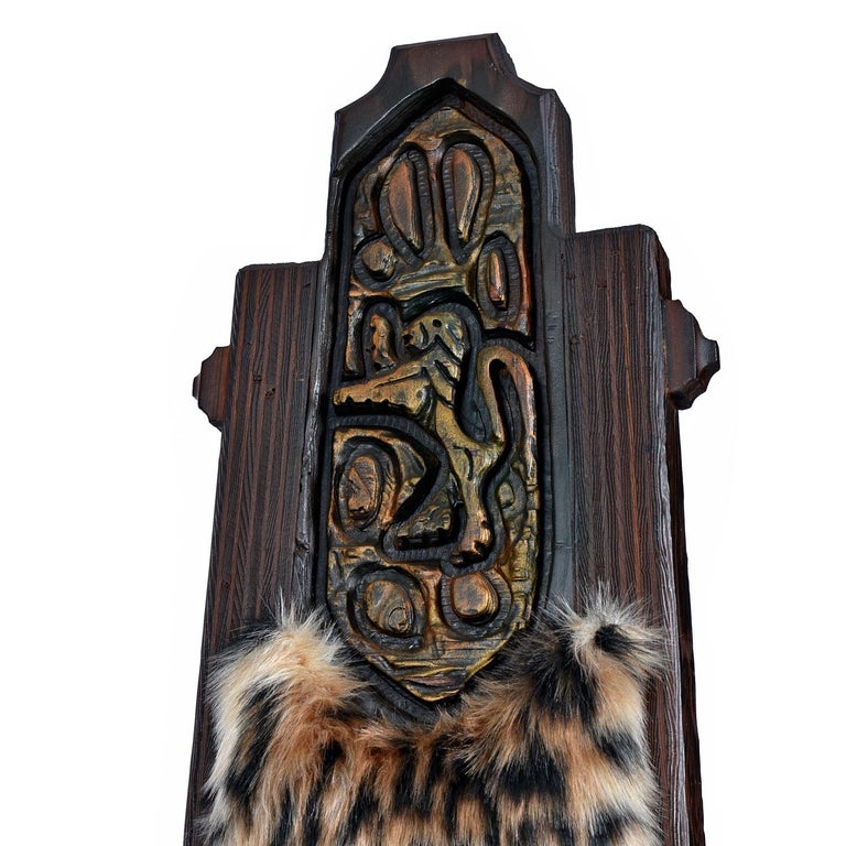 Cedar Pair of Faux Leopard Fur Hand Carved High Back Witco Tiki Thrown King Chairs For Sale