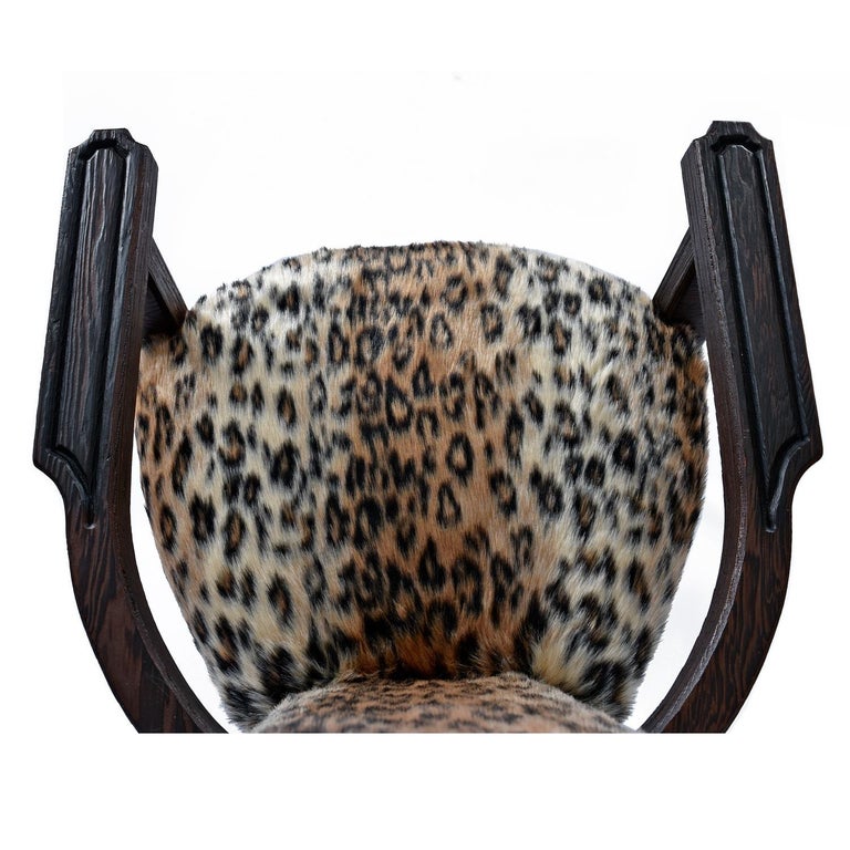 Pair of Faux Leopard Fur Hand Carved High Back Witco Tiki Thrown King Chairs For Sale 1