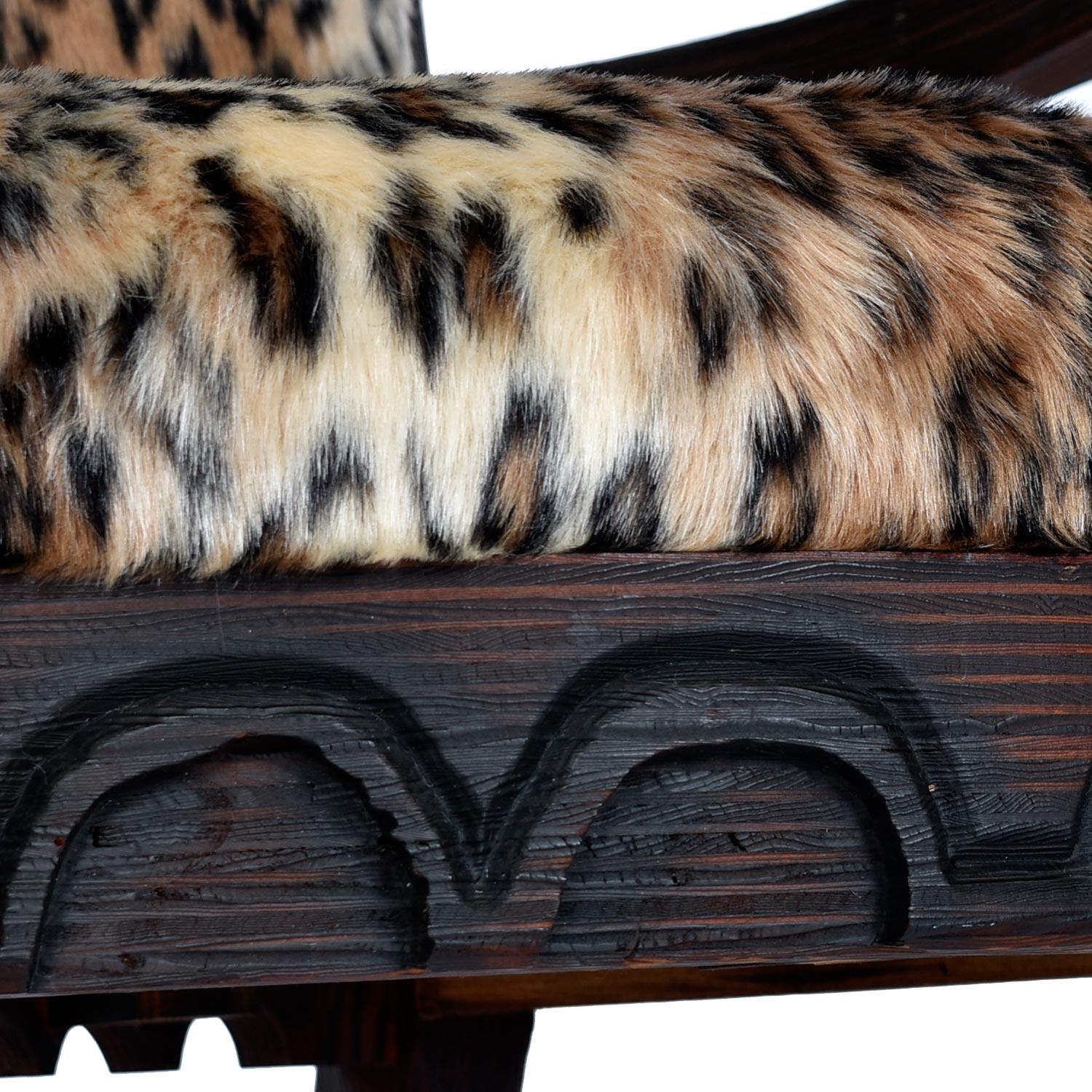 Mid-20th Century Pair of Faux Leopard Fur Hand Carved High Back Witco Tiki Thrown King Chairs