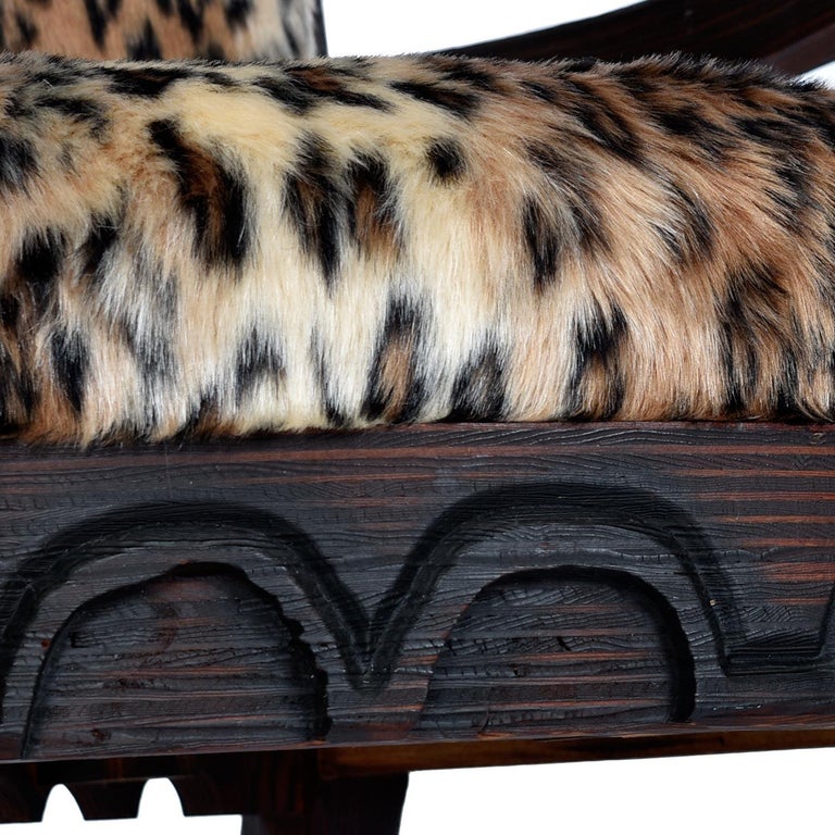 Pair of Faux Leopard Fur Hand Carved High Back Witco Tiki Thrown King Chairs For Sale 2
