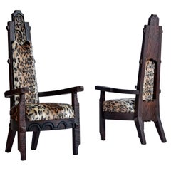 Pair of Faux Leopard Fur Hand Carved High Back Witco Tiki Thrown King Chairs
