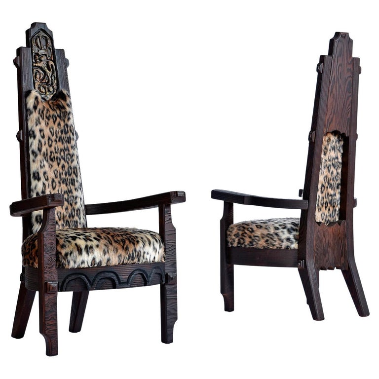 Pair of Faux Leopard Fur Hand Carved High Back Witco Tiki Thrown King Chairs For Sale