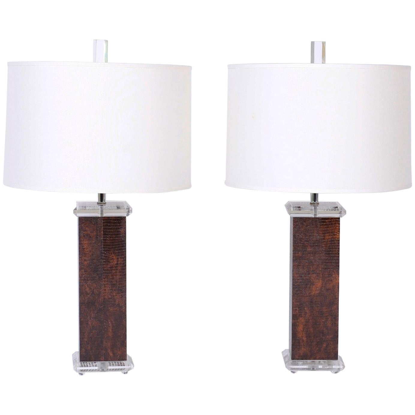 Pair of Faux Lizard Wrapped Table Lamps For Sale