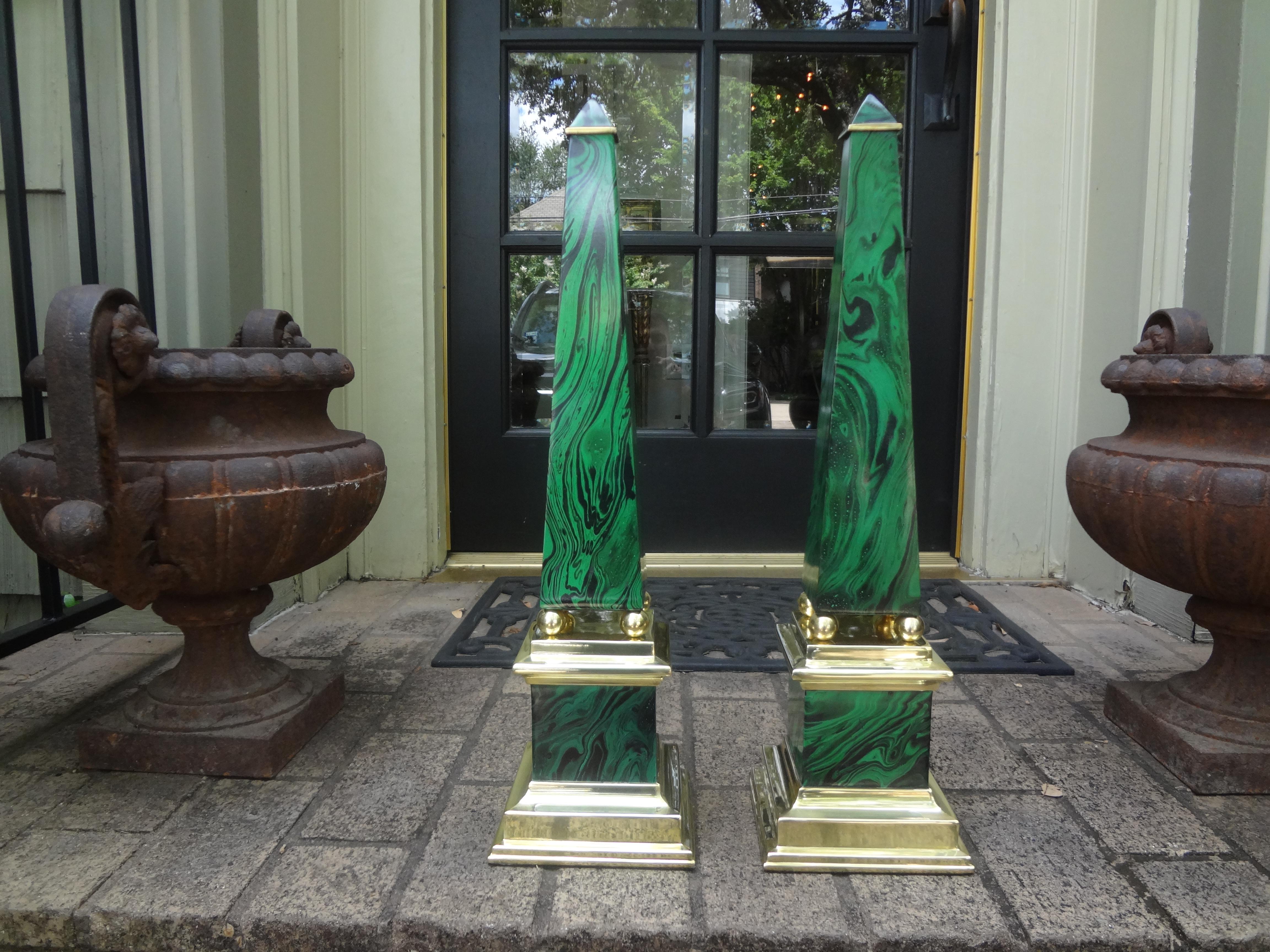 Pair of Faux Malachite and Brass Obelisks For Sale 8
