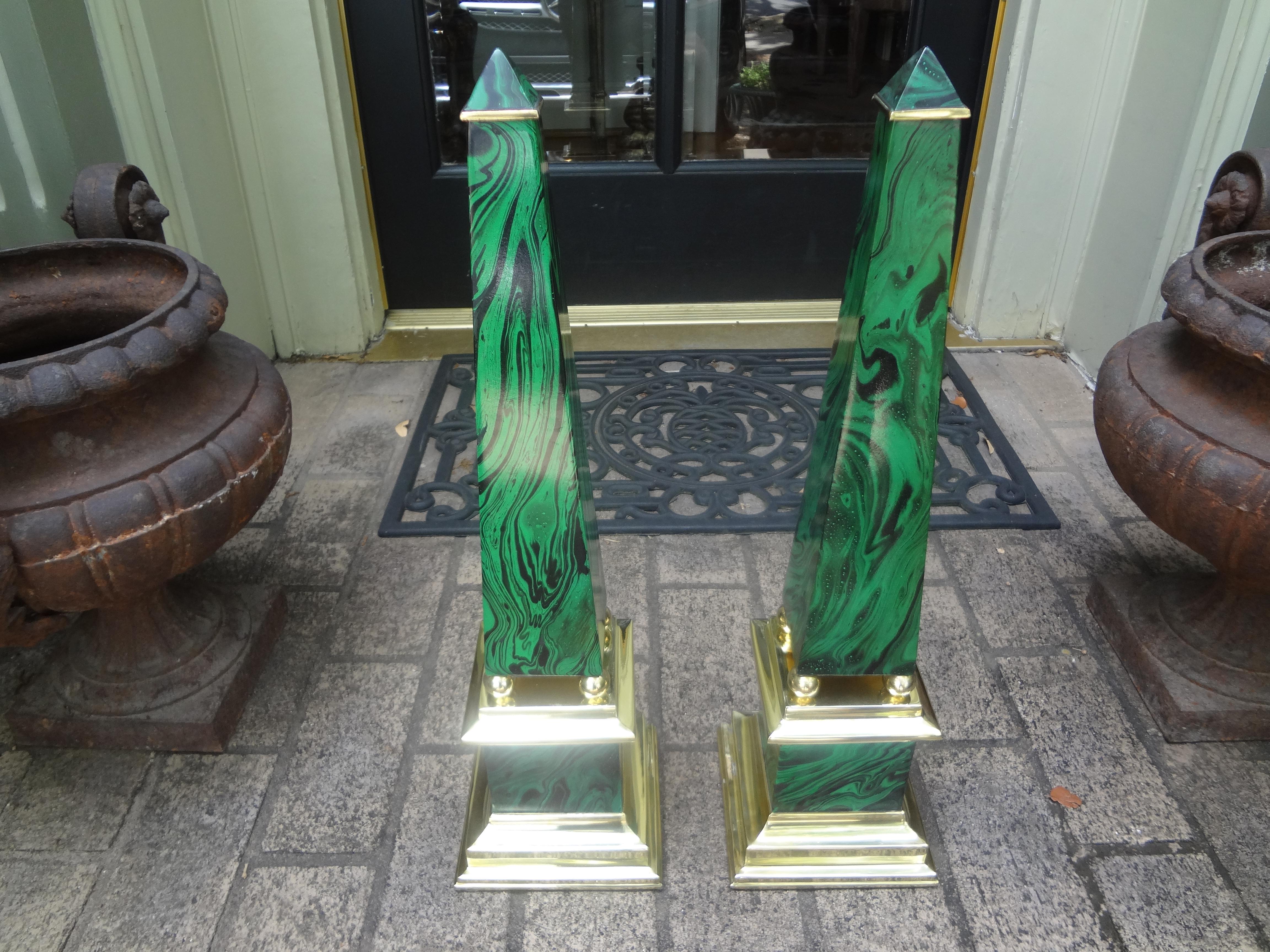 Pair of Faux Malachite and Brass Obelisks For Sale 9