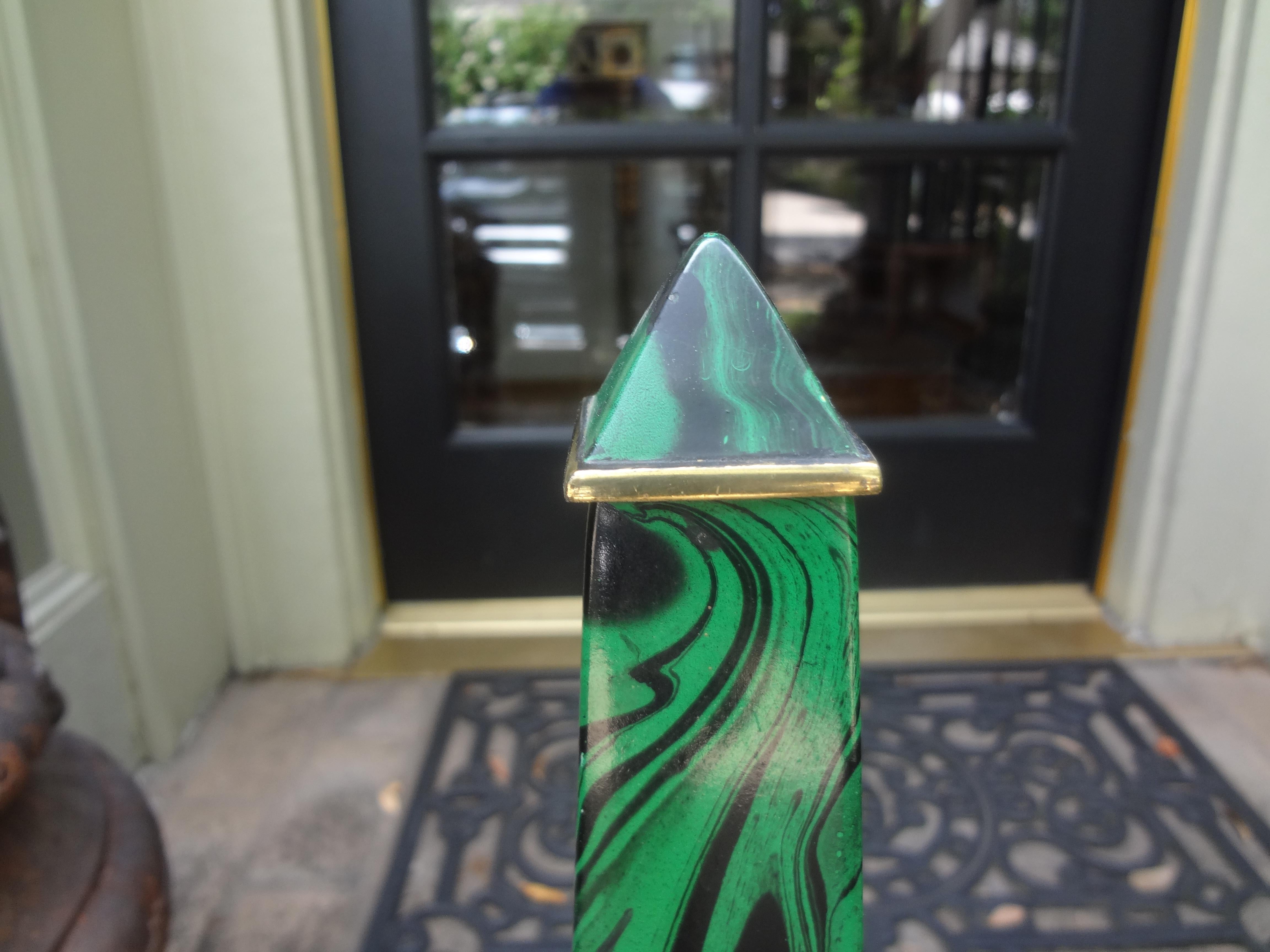 Neoclassical Pair of Faux Malachite and Brass Obelisks For Sale