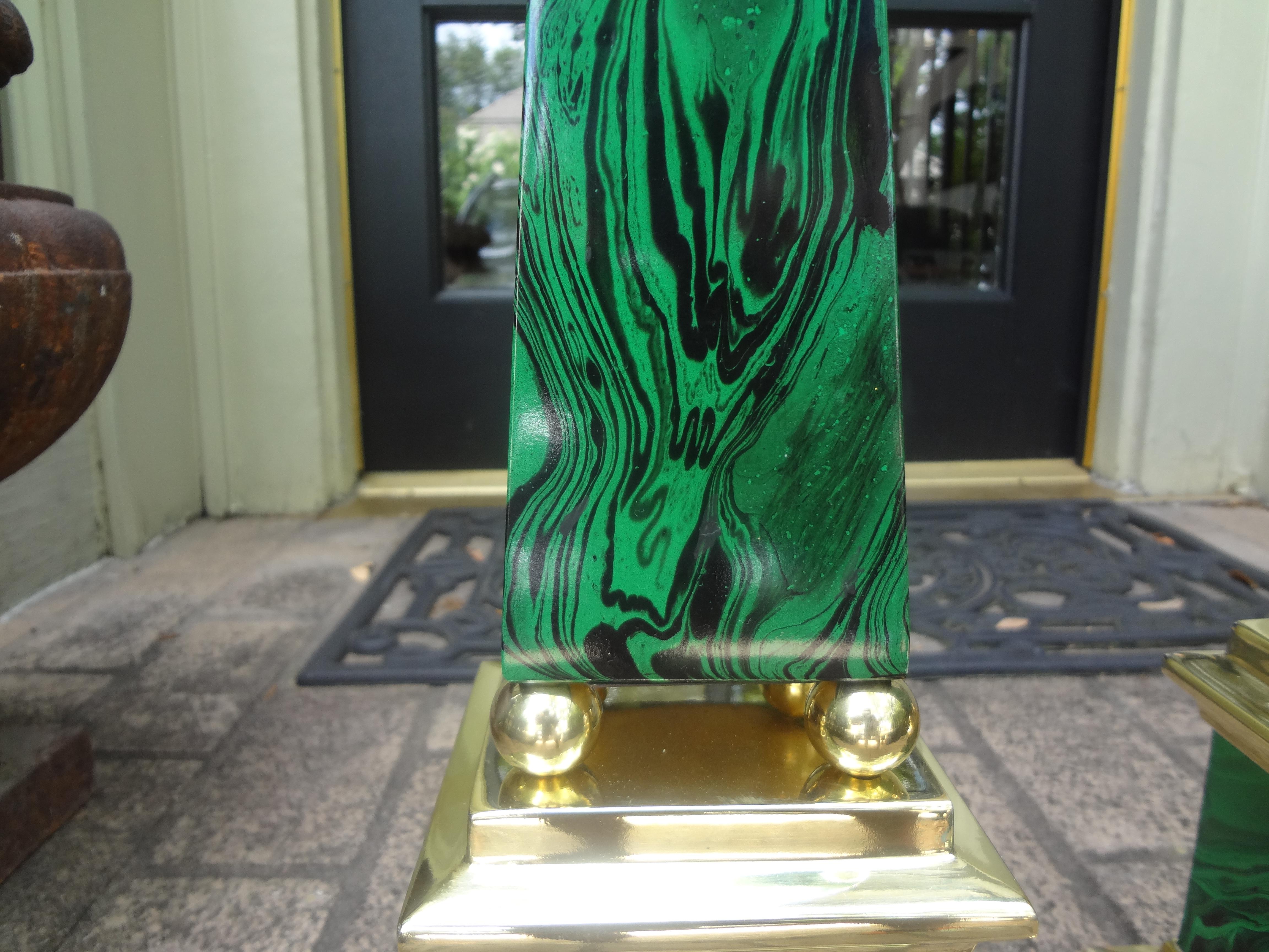 Unknown Pair of Faux Malachite and Brass Obelisks For Sale
