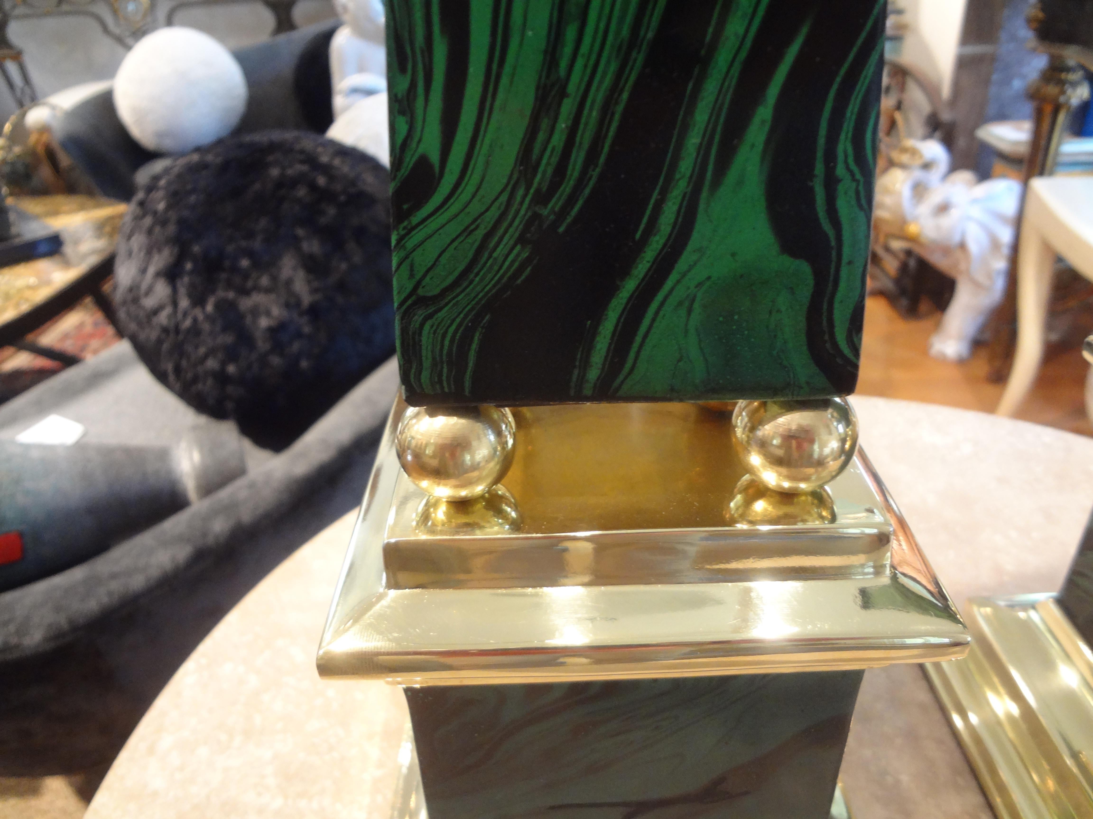 Pair of Faux Malachite and Brass Obelisks For Sale 3