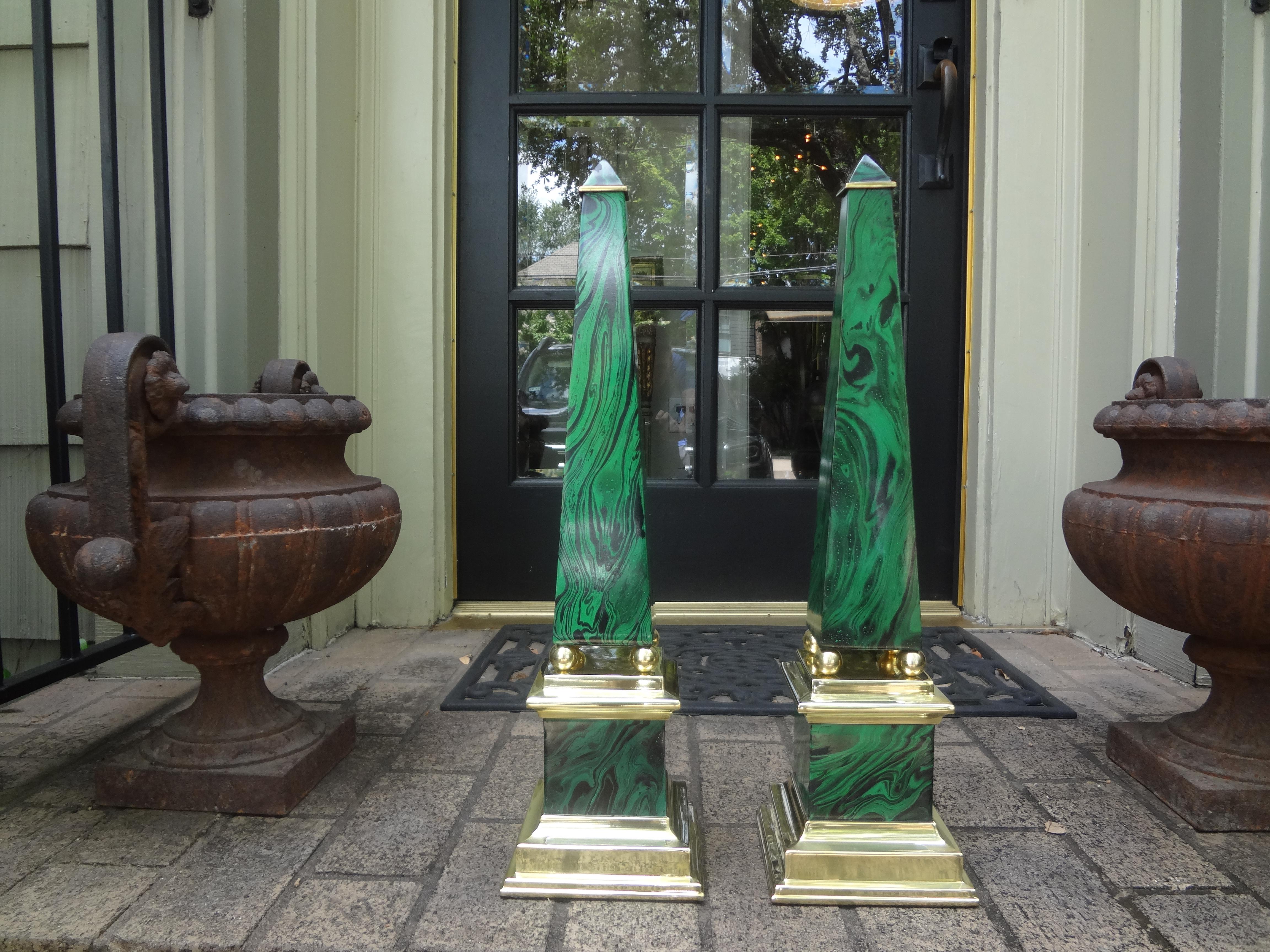 Late 20th Century Pair of Faux Malachite and Brass Obelisks For Sale