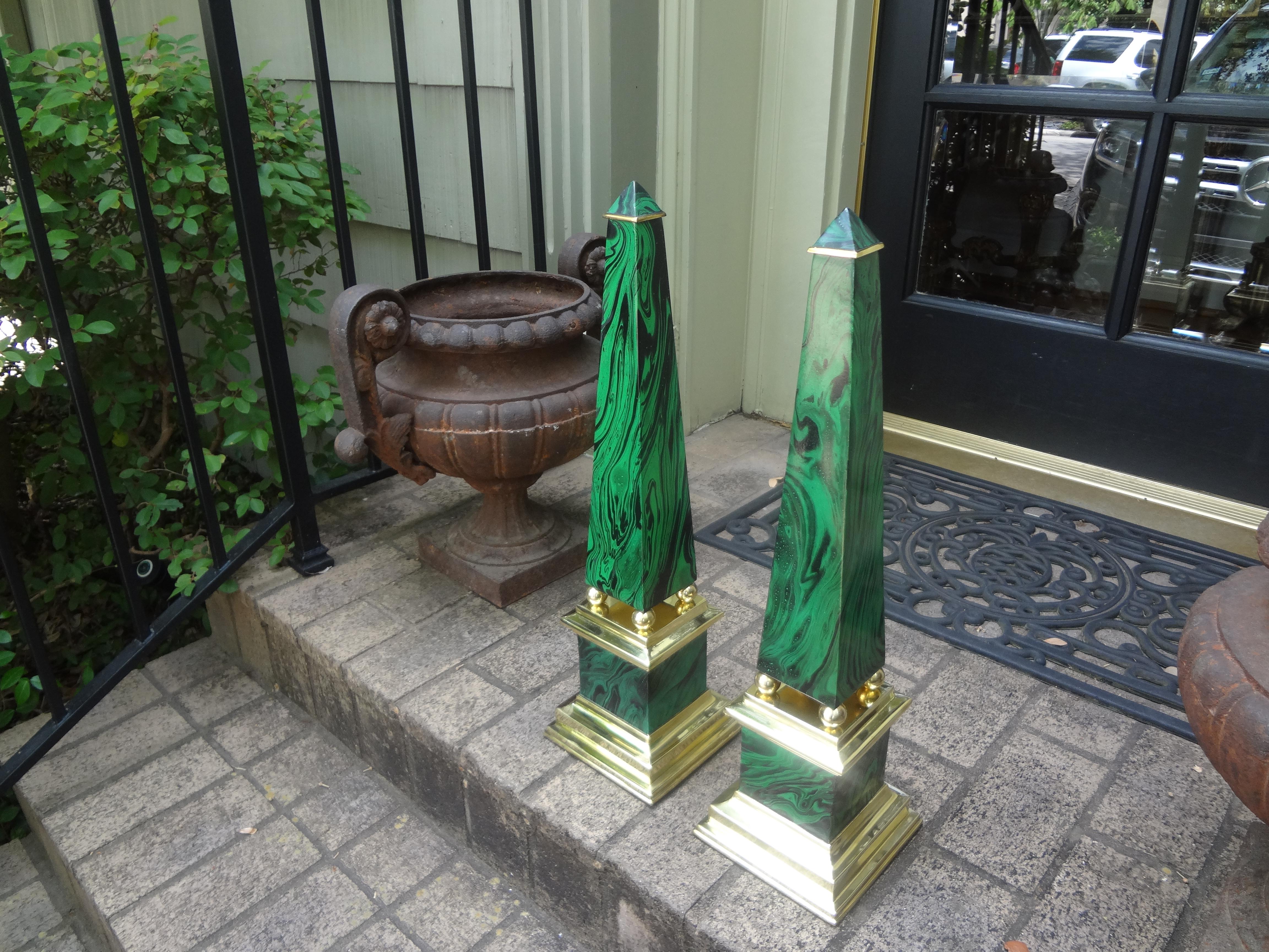 Pair of Faux Malachite and Brass Obelisks For Sale 1