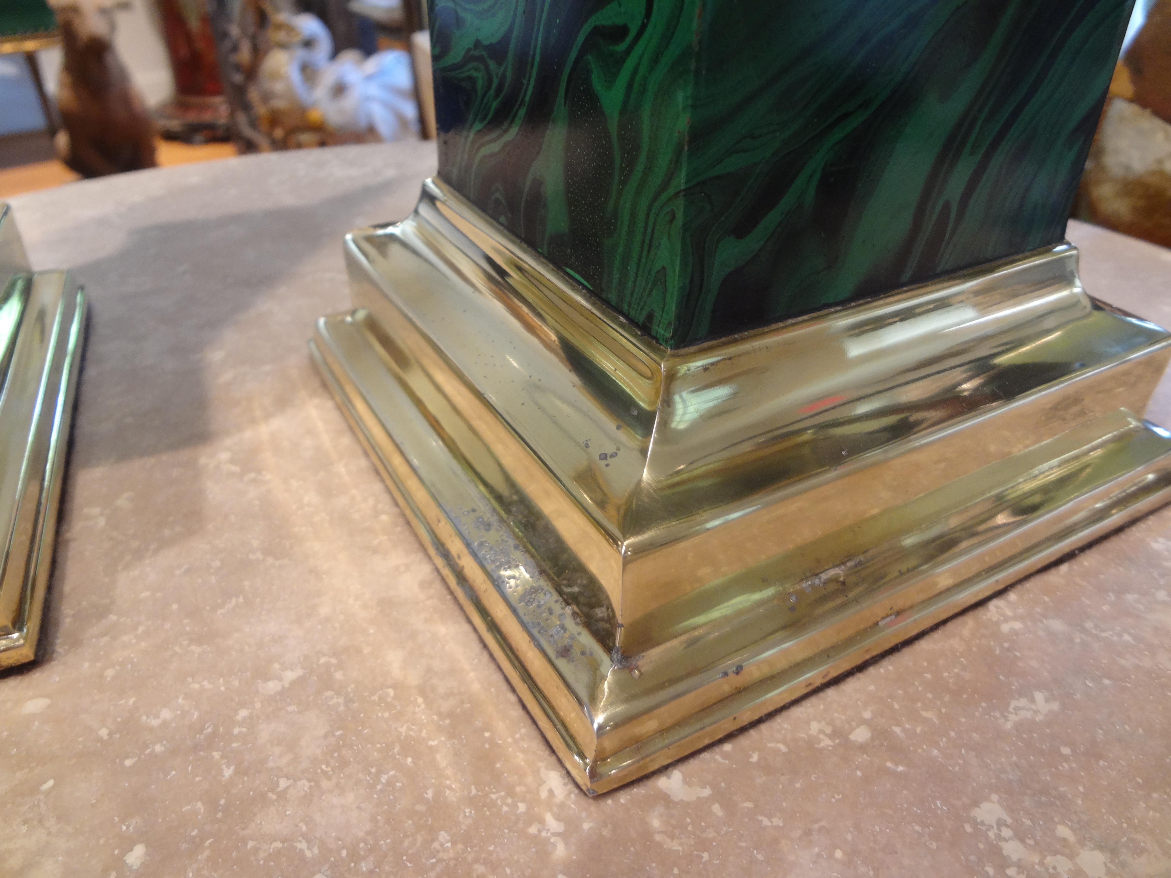 Pair of Faux Malachite and Brass Obelisks For Sale 6
