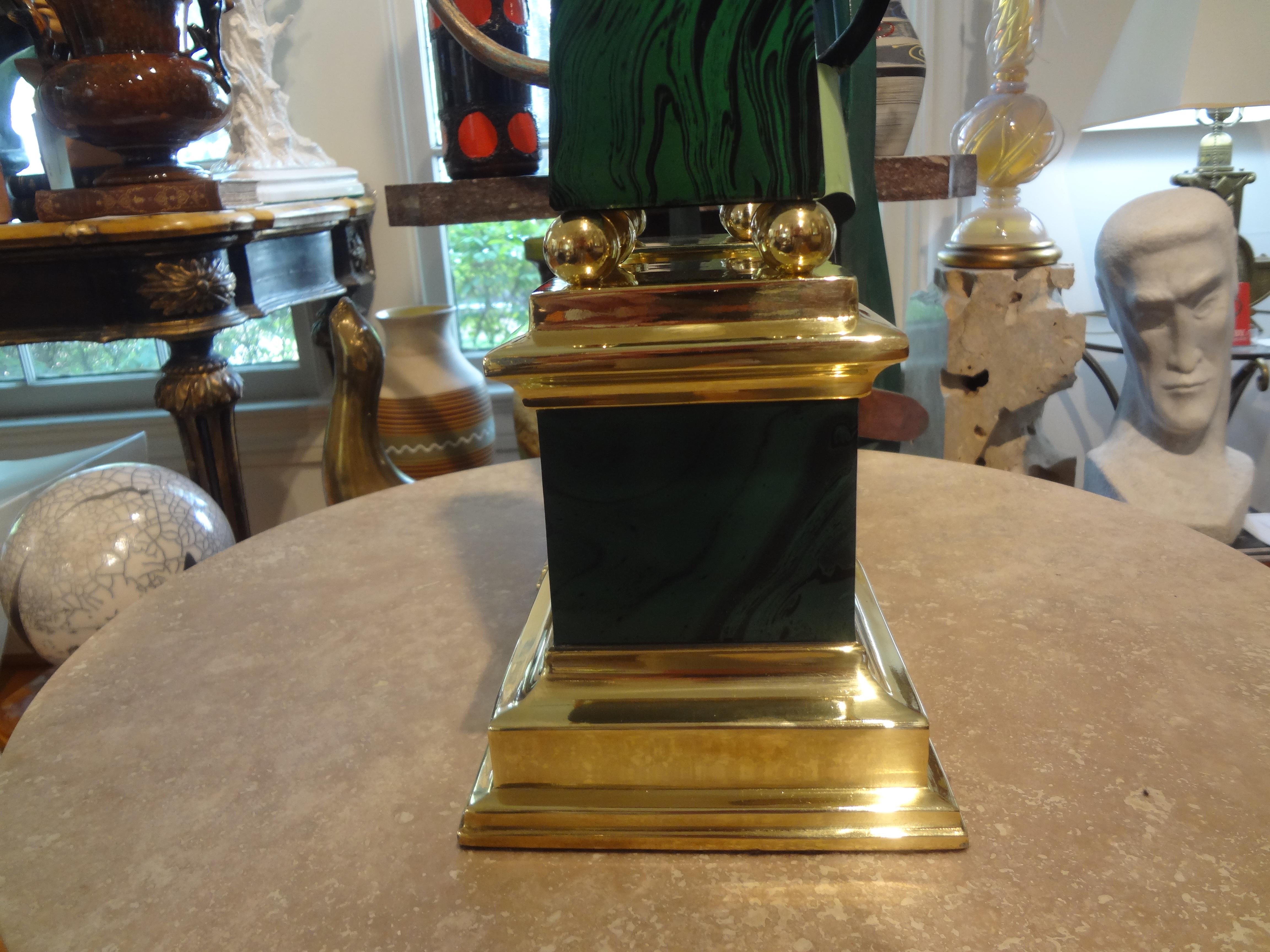 Pair of Faux Malachite and Brass Obelisks For Sale 7