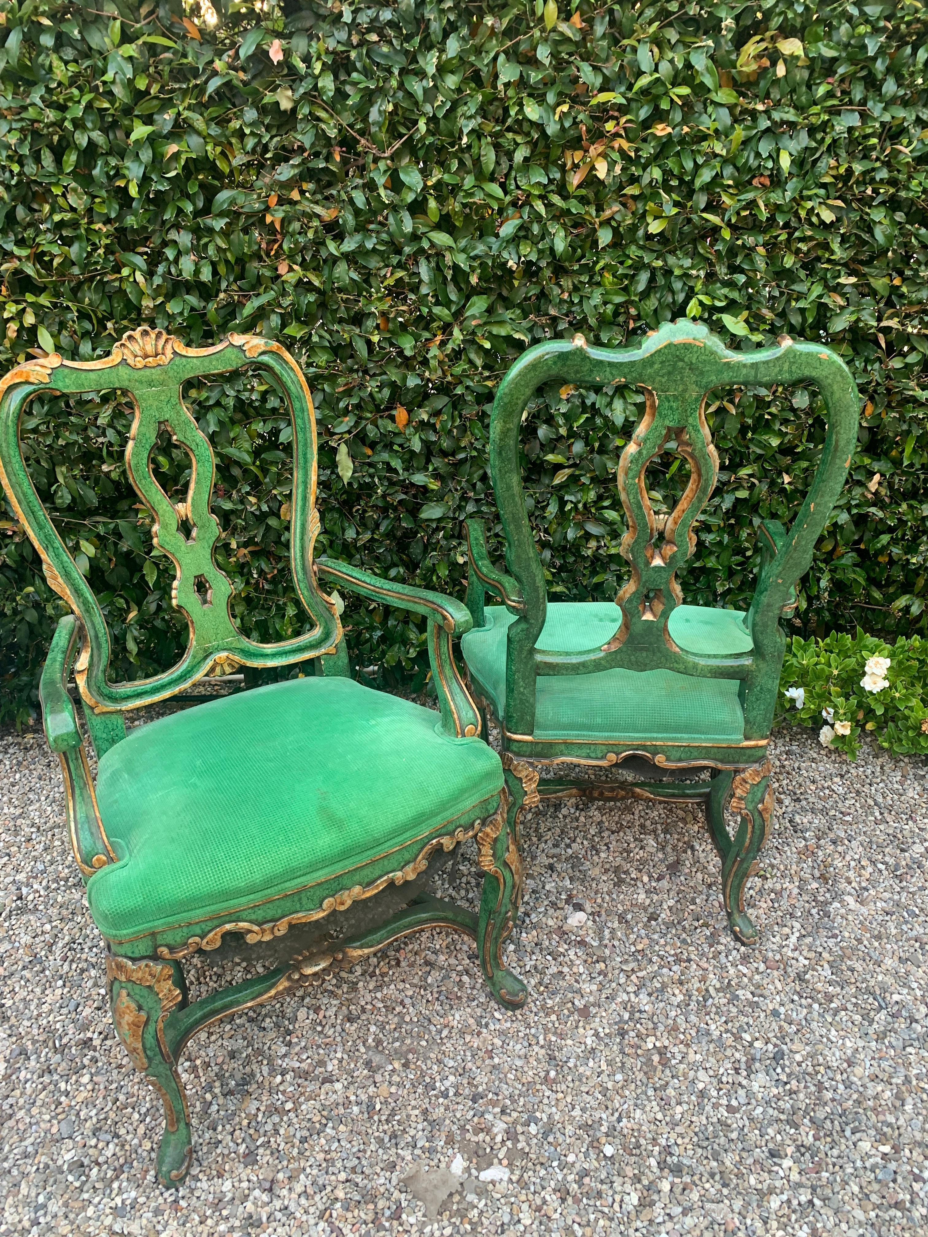 Pair of faux malachite chairs with gilt details, Georgian style armchairs with a wonderful presence. See images of some condition issues with finish, not offensive or out of character for this chair.