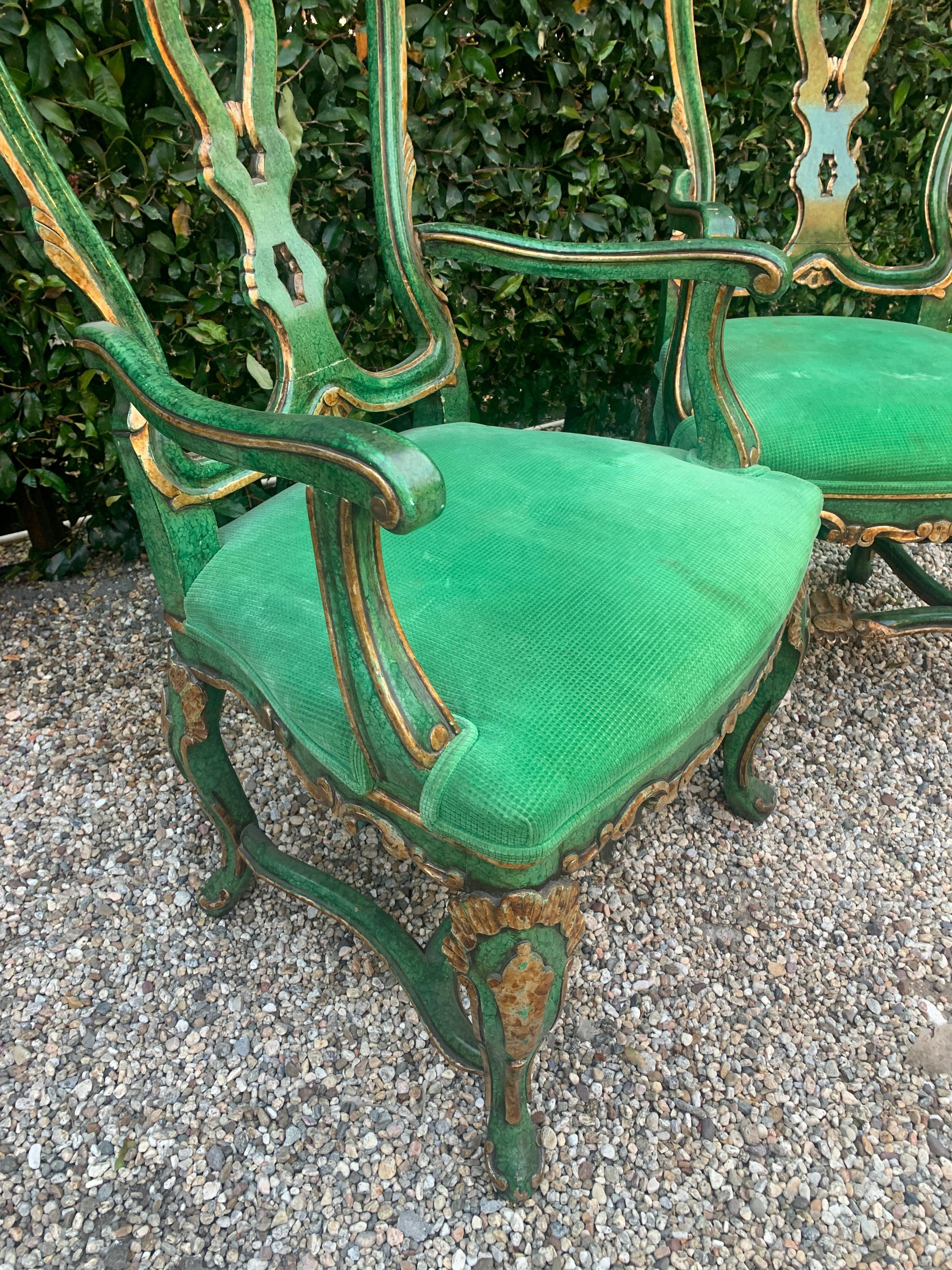 Pair of Faux Malachite and Gilt Armchairs In Good Condition In Los Angeles, CA
