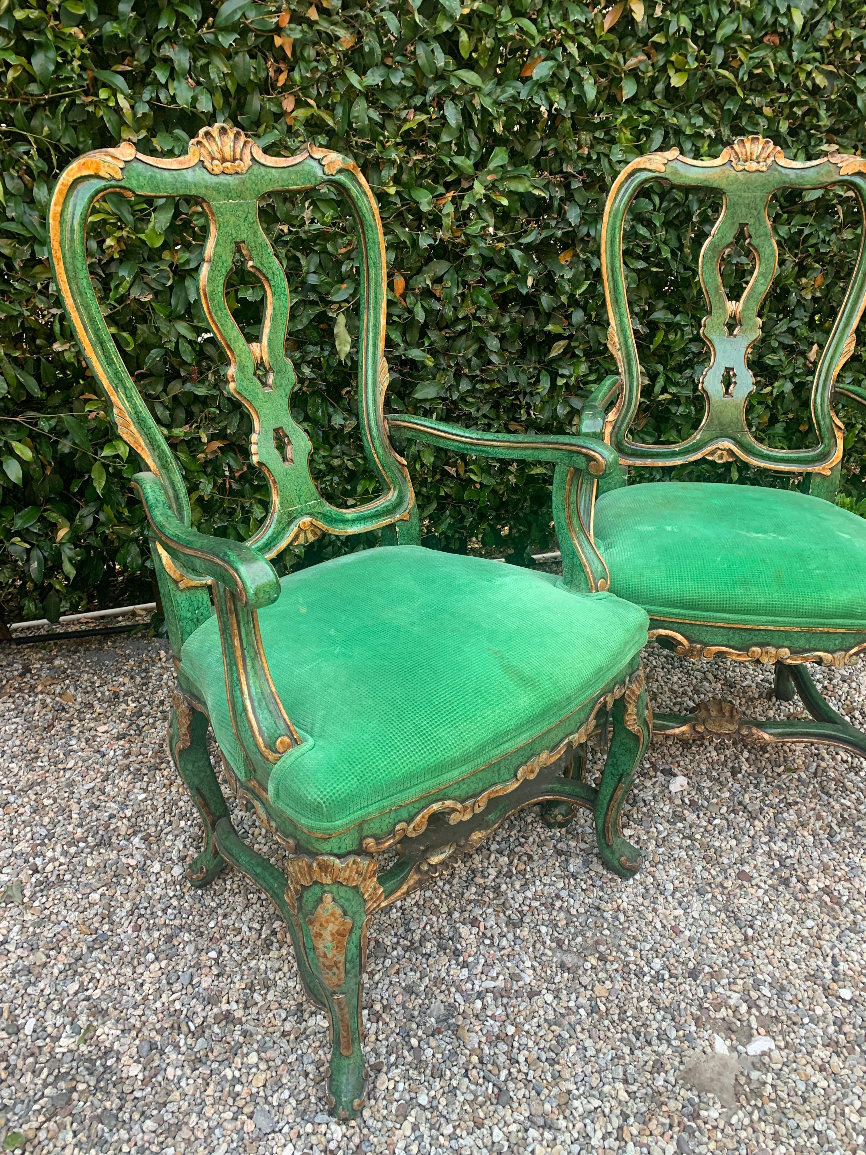 20th Century Pair of Faux Malachite and Gilt Armchairs