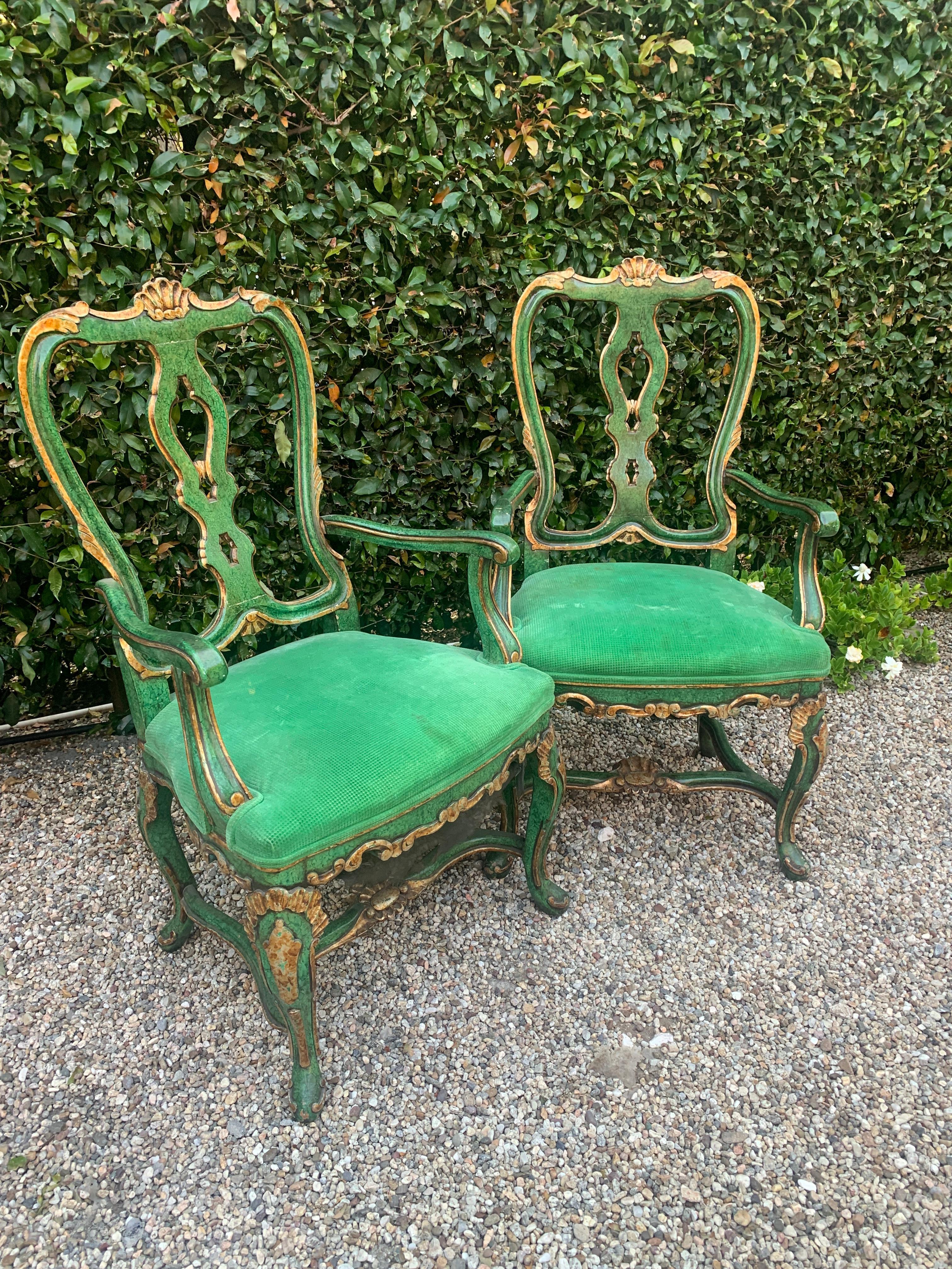 Wood Pair of Faux Malachite and Gilt Armchairs