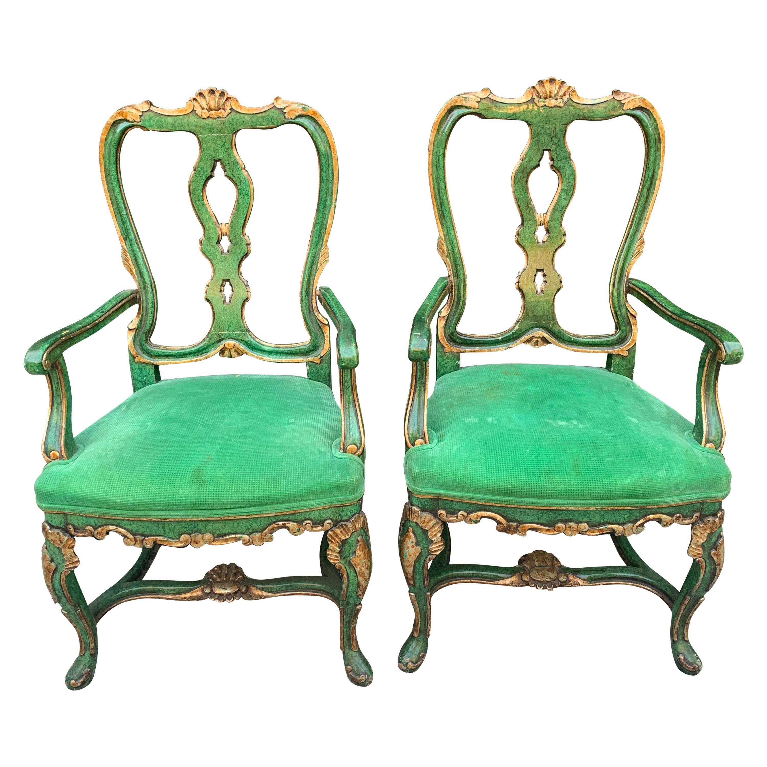 Pair of Faux Malachite and Gilt Armchairs