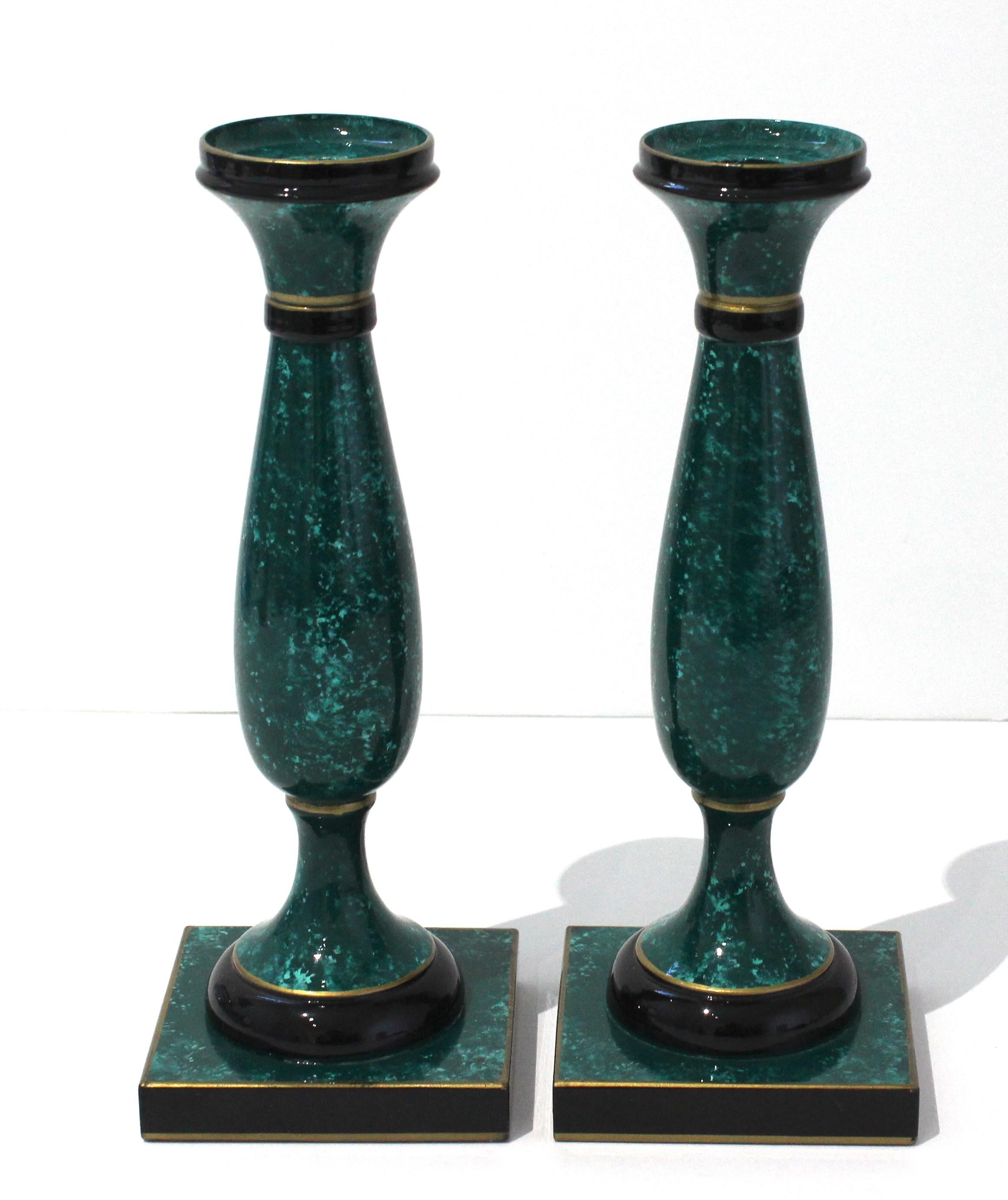 Hollywood Regency Pair of Faux Malachite Candlesticks For Sale