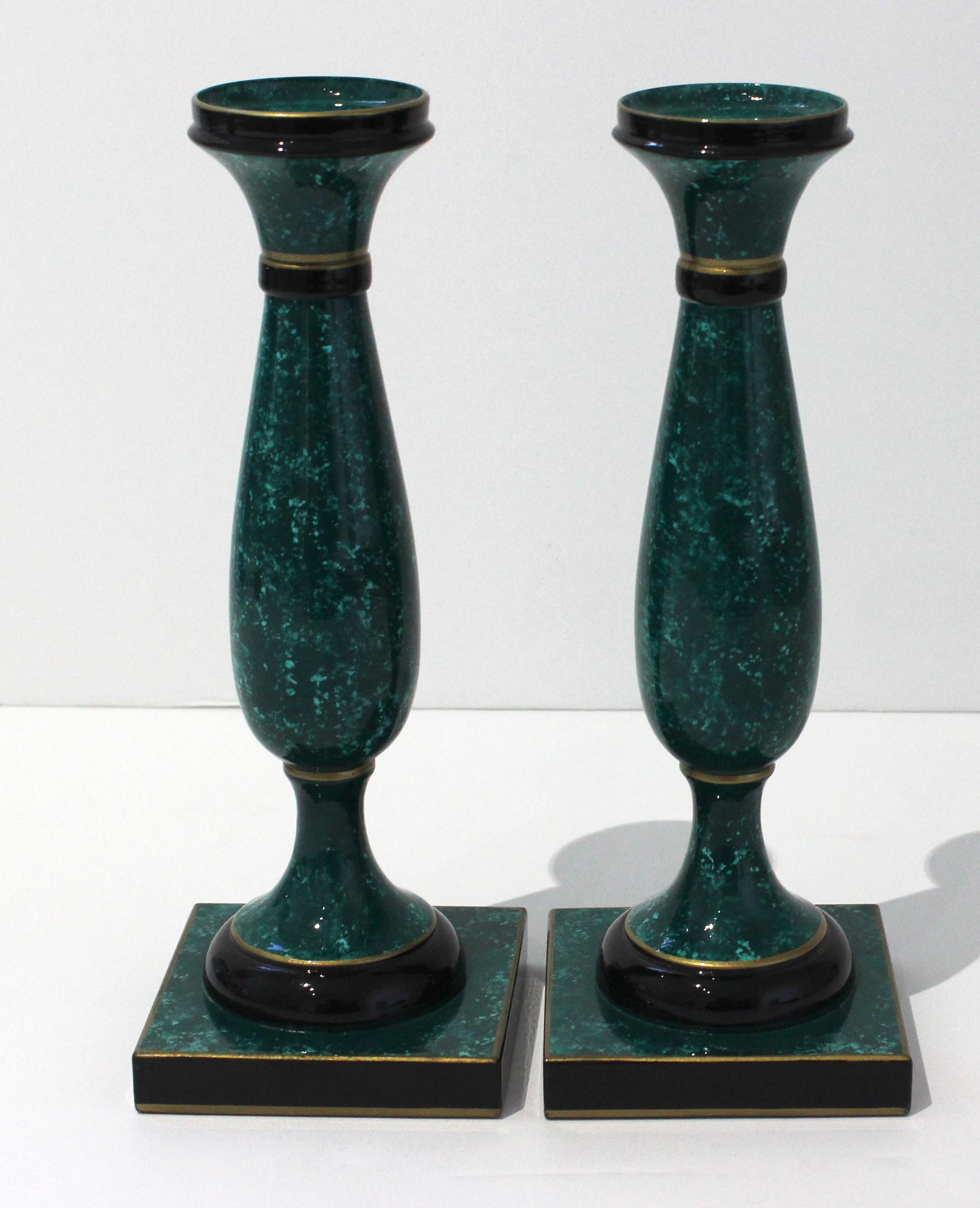 Italian Pair of Faux Malachite Candlesticks For Sale