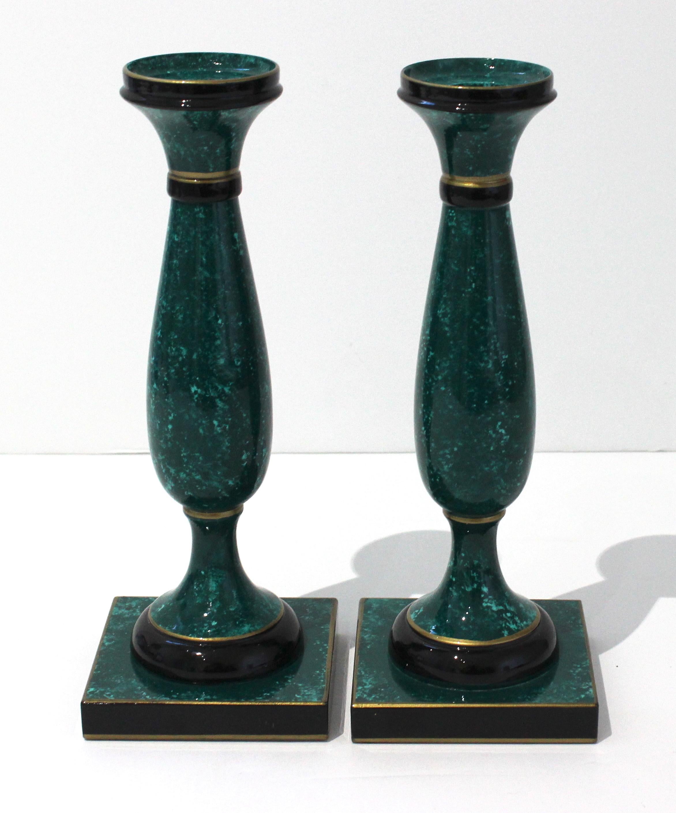 Hand-Painted Pair of Faux Malachite Candlesticks For Sale