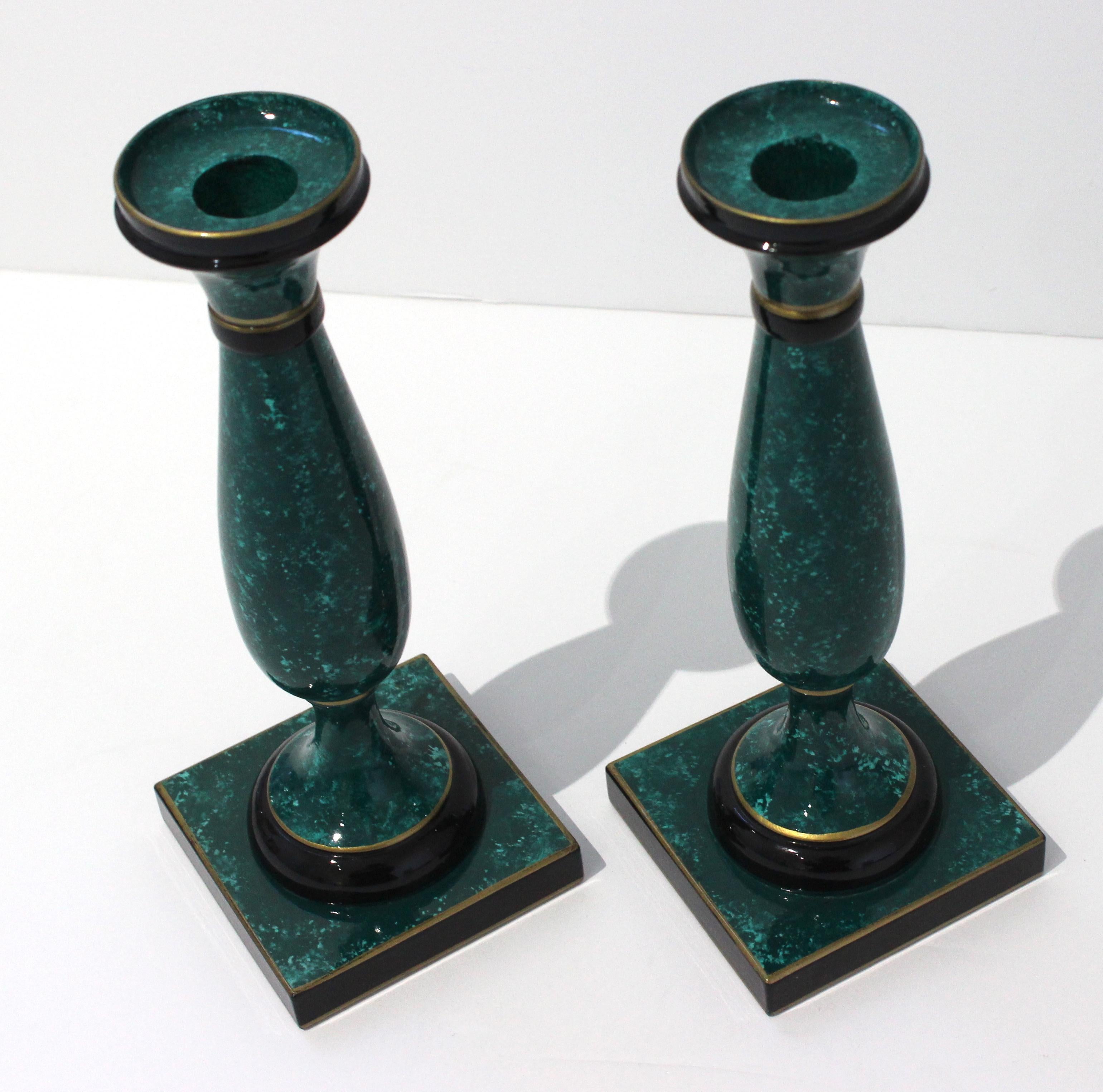 Pair of Faux Malachite Candlesticks In Good Condition For Sale In West Palm Beach, FL