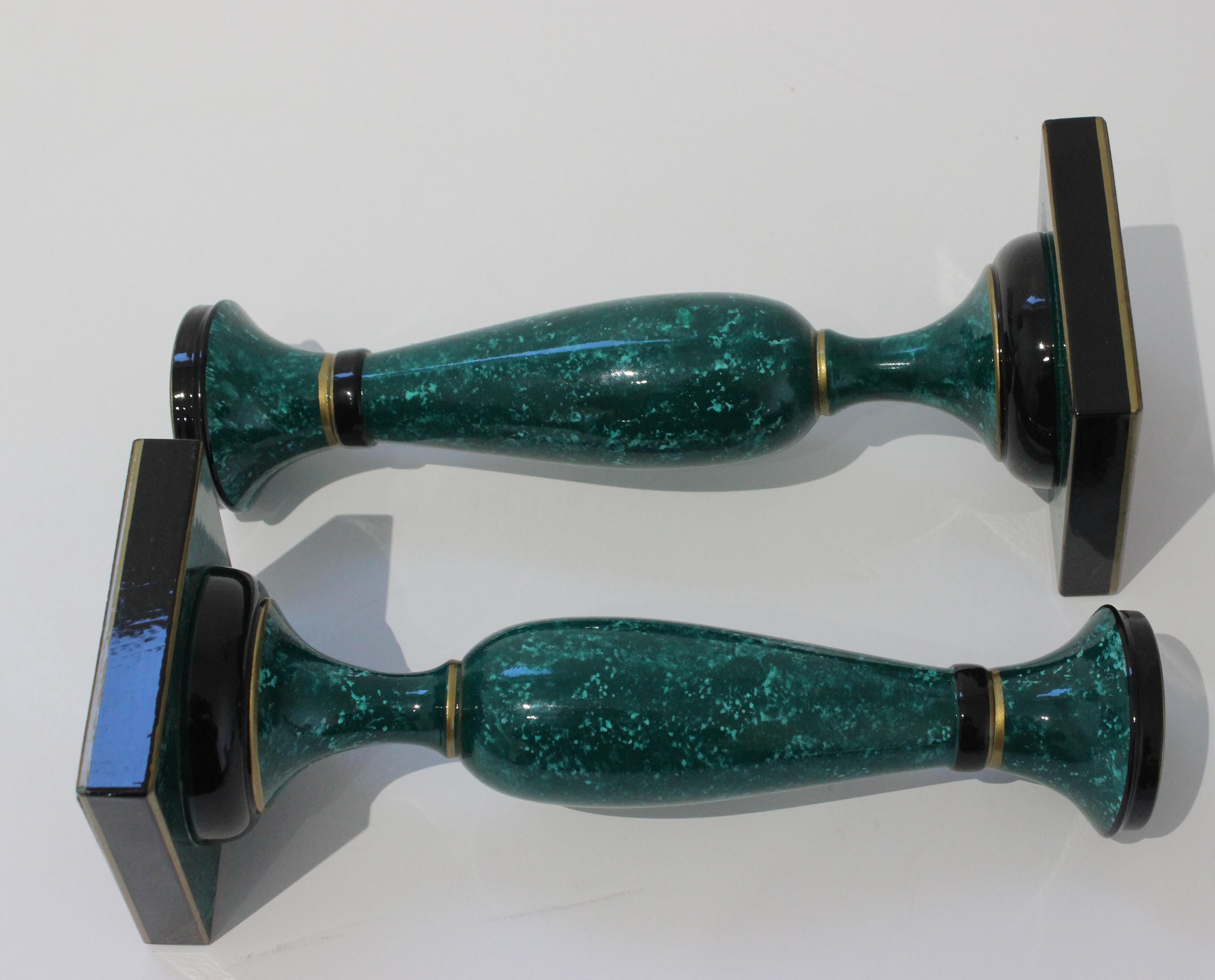 Pair of Faux Malachite Candlesticks For Sale 1