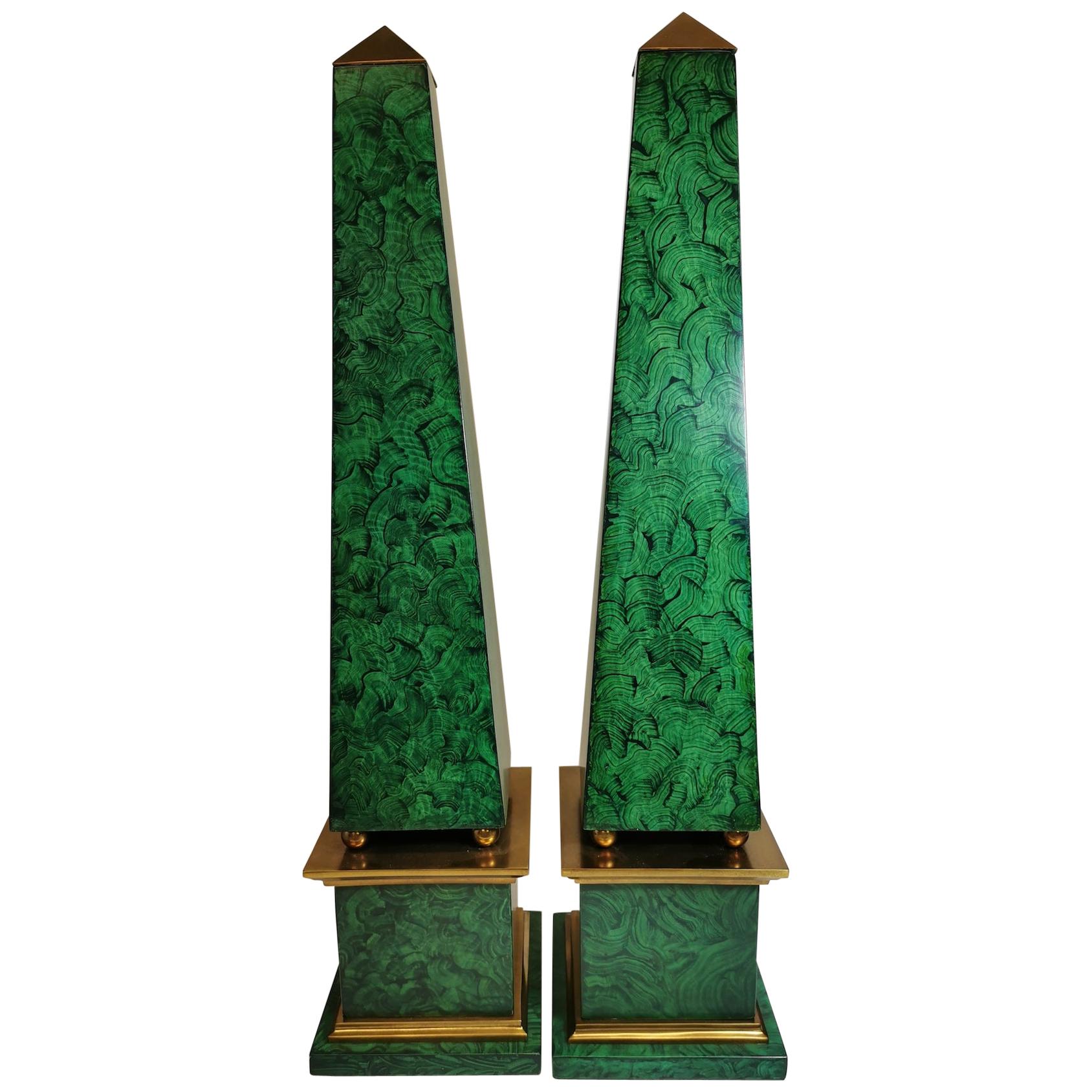 Pair of Faux Malachite Obelisks For Sale