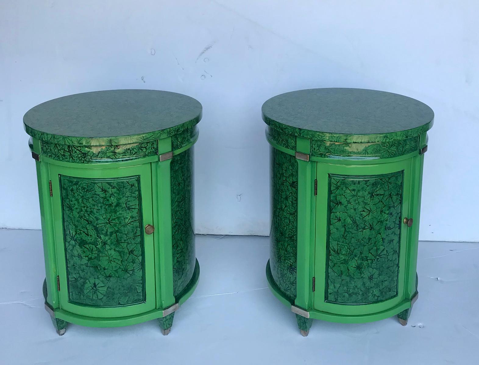 Hand-Painted Pair of Faux Malachite Side/ Bed Side Tables