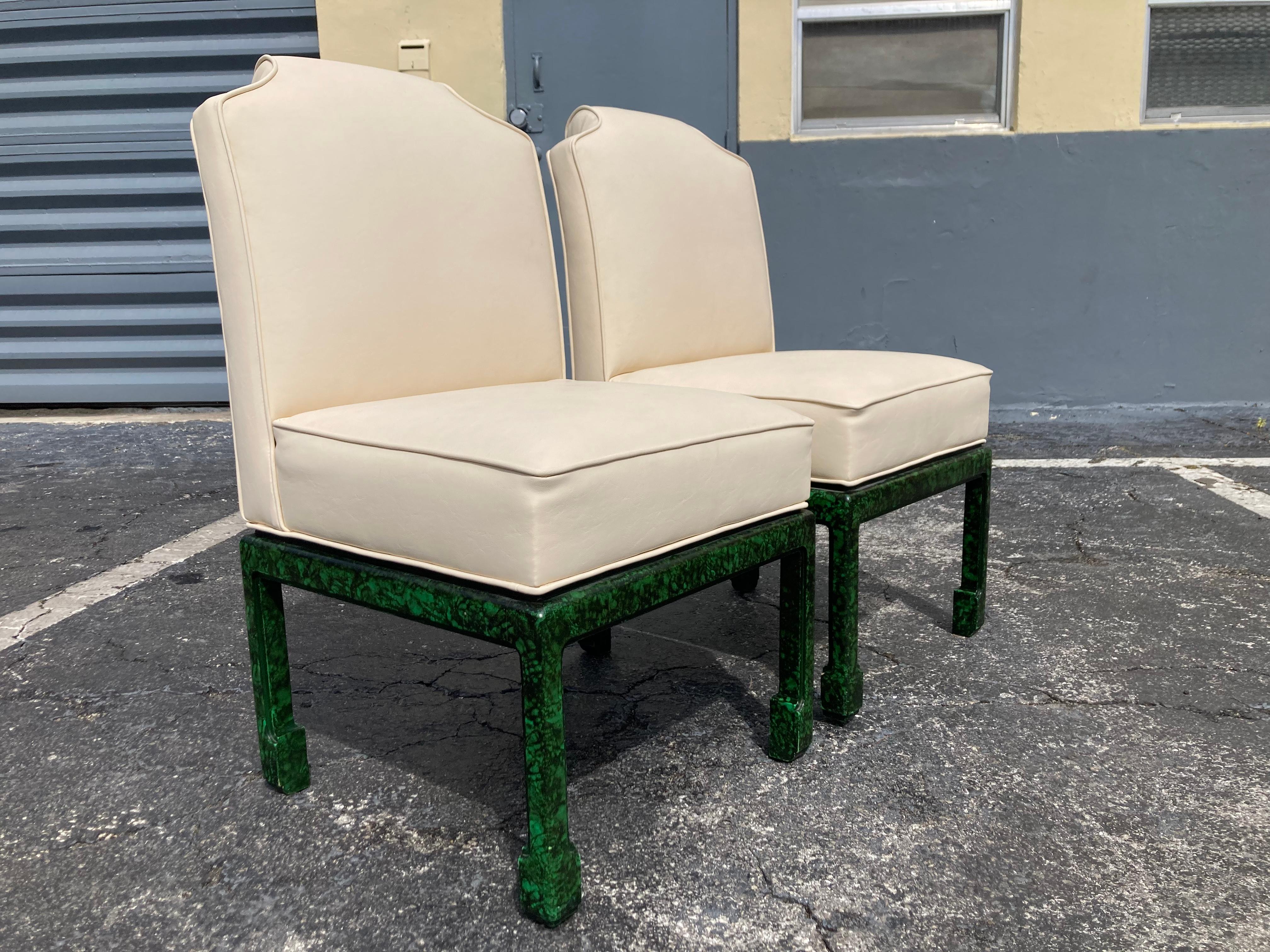 Pair of Faux Malachite Side Chairs, Hollywood Regency, Ming Style  For Sale 4