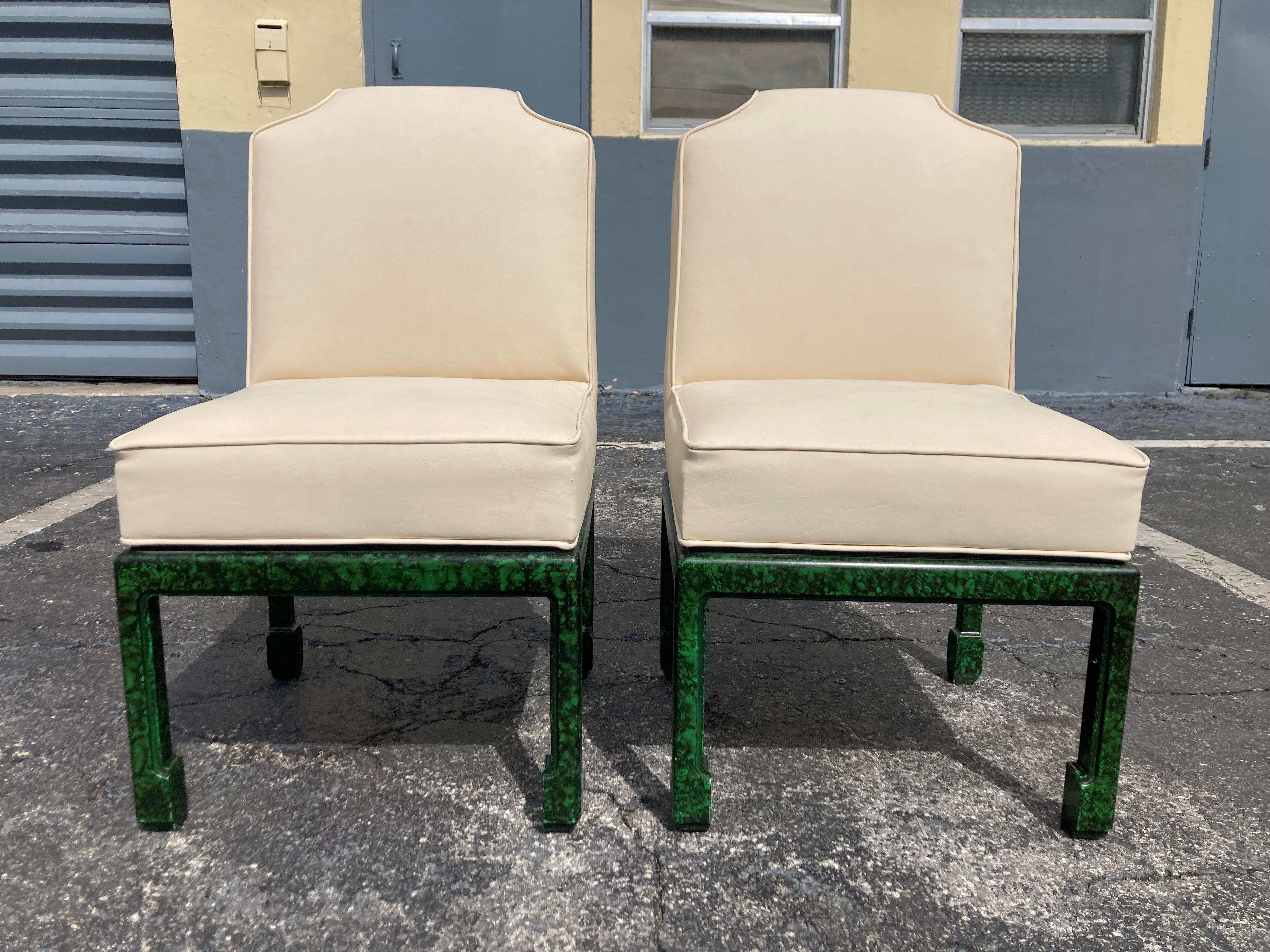 Mid-Century Modern Pair of Faux Malachite Side Chairs, Hollywood Regency, Ming Style  For Sale