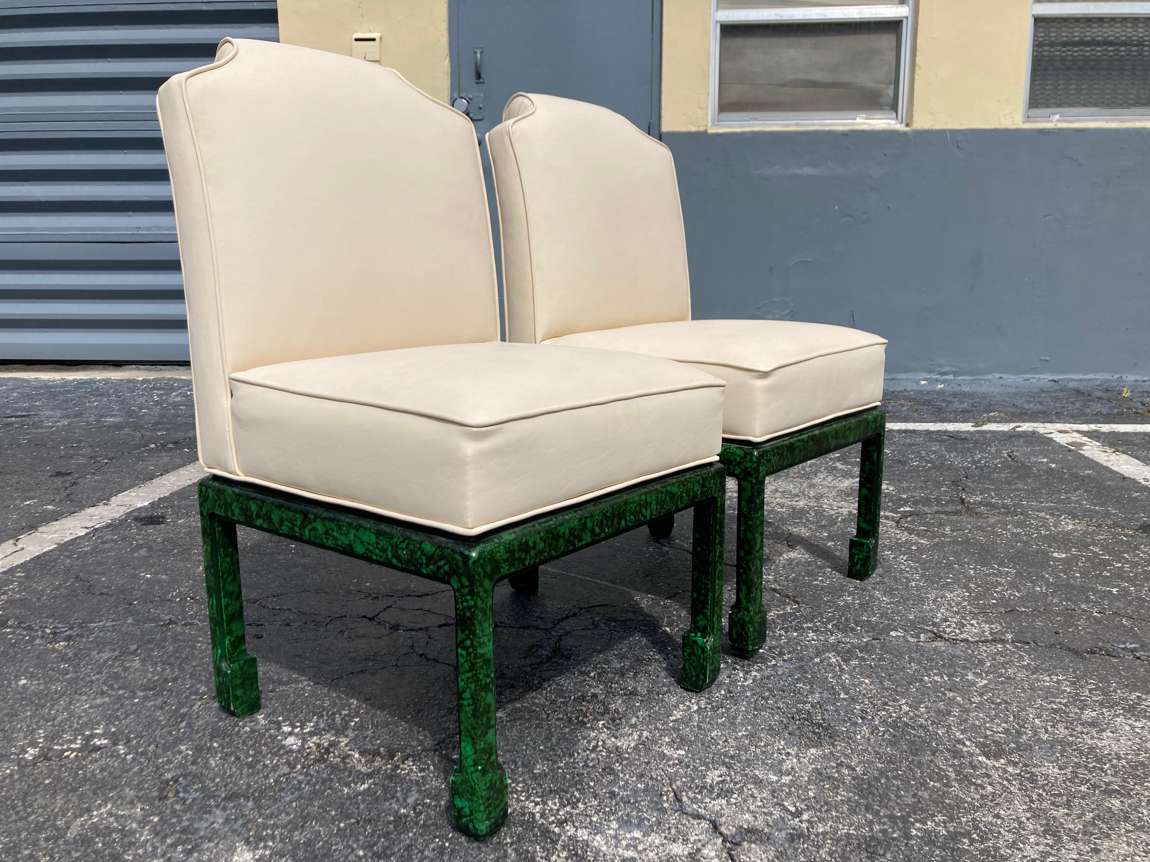 American Pair of Faux Malachite Side Chairs, Hollywood Regency, Ming Style  For Sale