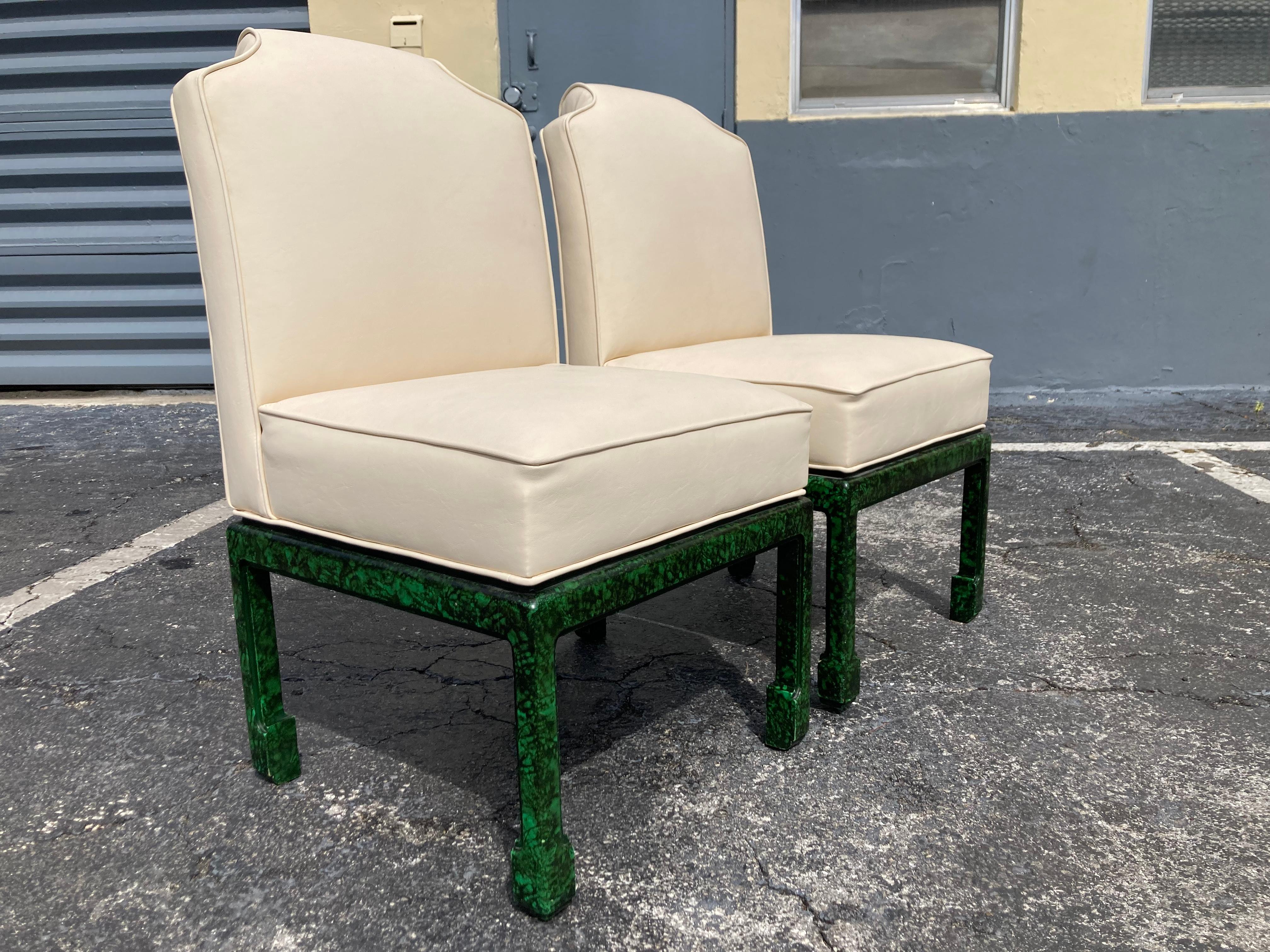 Late 20th Century Pair of Faux Malachite Side Chairs, Hollywood Regency, Ming Style  For Sale
