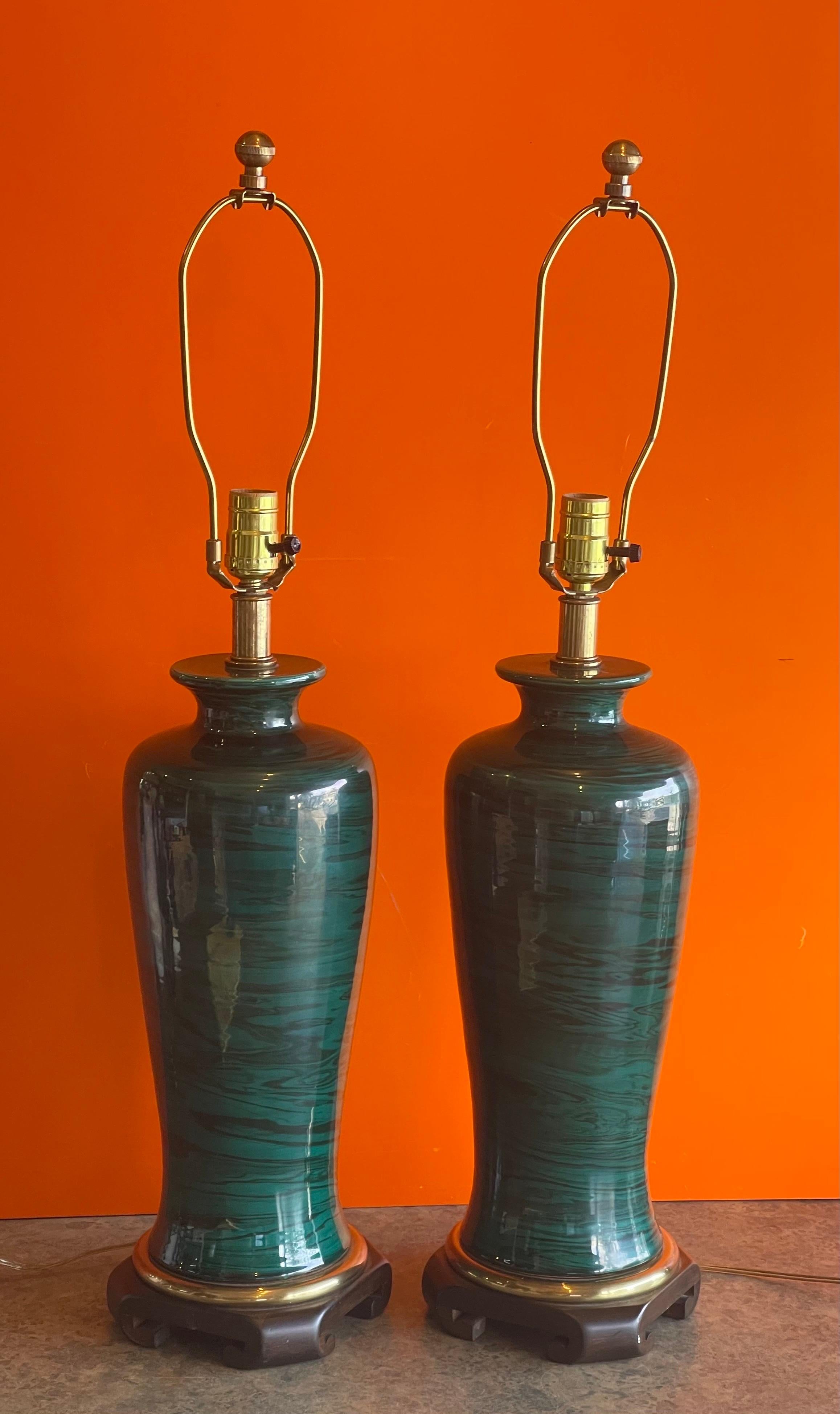 American Pair of Faux Malachite Table Lamps by Frederick Cooper Lamp Co. For Sale