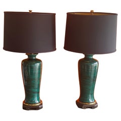 Retro Pair of Faux Malachite Table Lamps by Frederick Cooper Lamp Co.