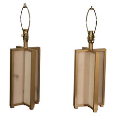 Pair of Faux Marble and Gold Framed Mid-Century Modern Table Lamps