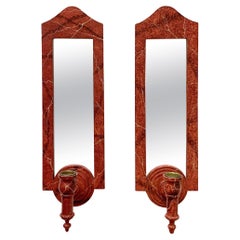 Pair of Faux Marble Painted Wooden Mirrored Candle Sconces - Late C20th